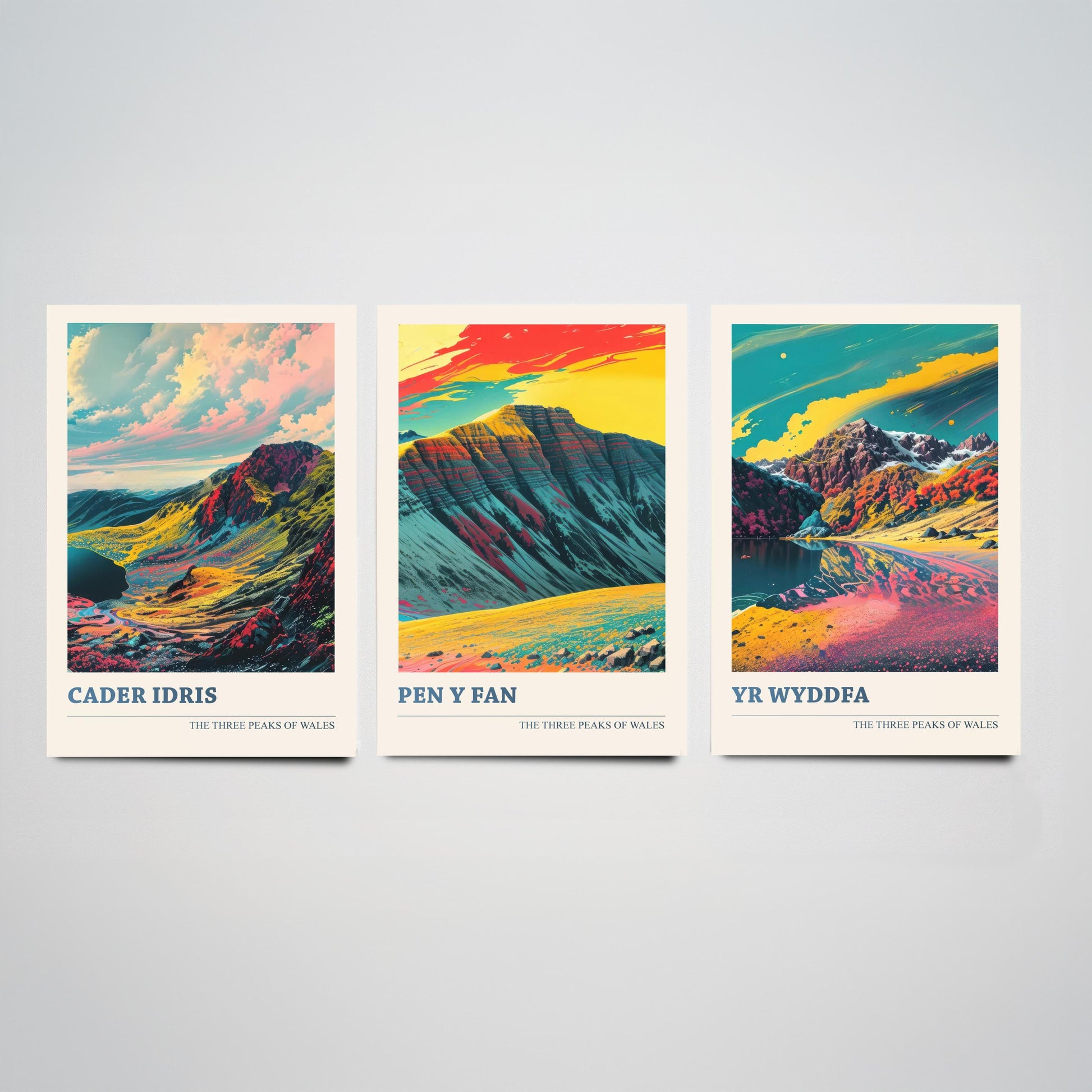 Set of Three Welsh Three Peaks Art Prints - Cader Idris, Pen y Fan, Yr Wyddfa - 3 Wales Mountain Posters Illustration V2