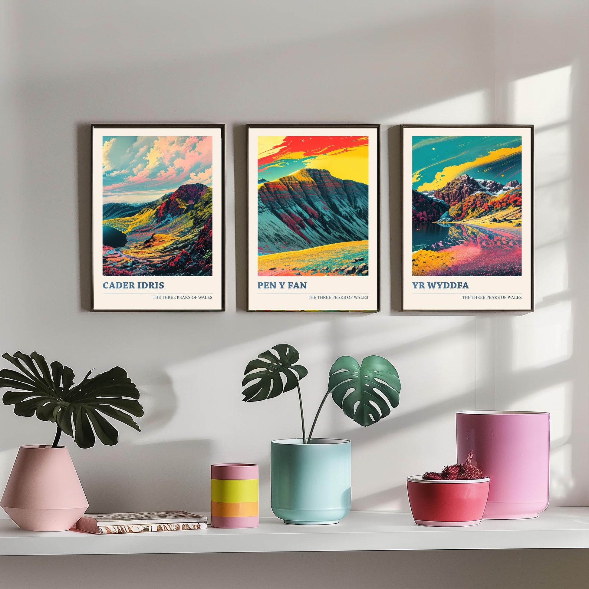Set of Three Welsh Three Peaks Art Prints - Cader Idris, Pen y Fan, Yr Wyddfa - 3 Wales Mountain Posters Illustration V2