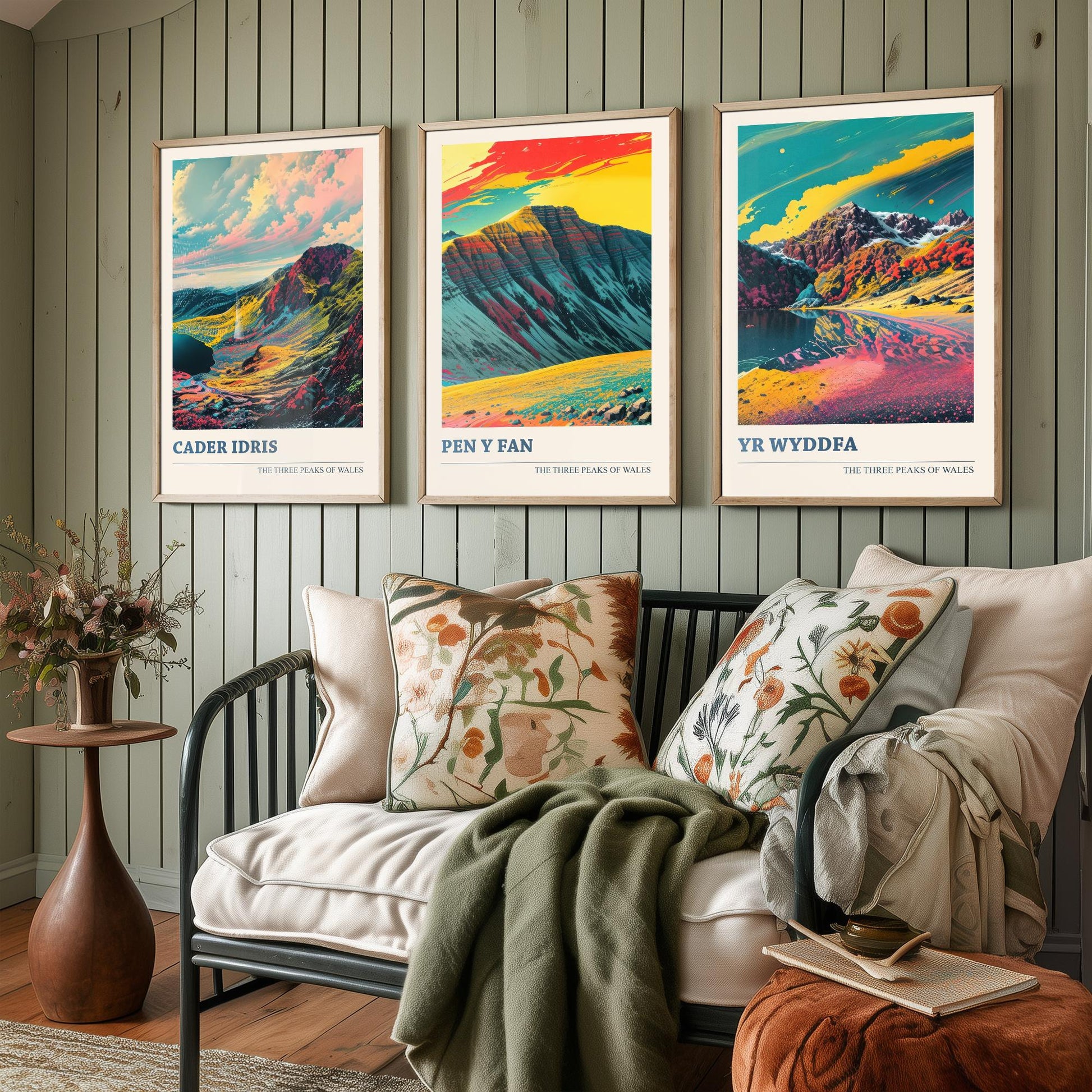 Set of Three Welsh Three Peaks Art Prints - Cader Idris, Pen y Fan, Yr Wyddfa - 3 Wales Mountain Posters Illustration V2