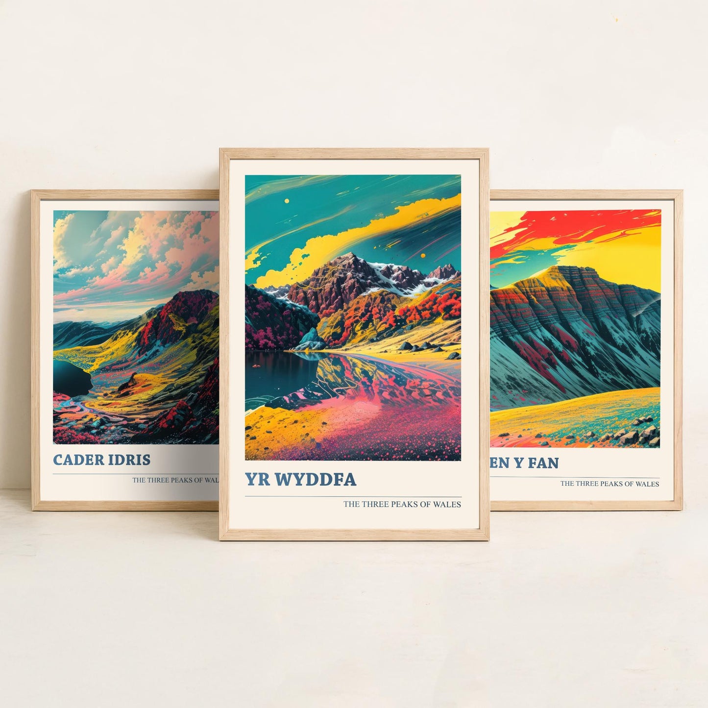 Set of Three Welsh Three Peaks Art Prints - Cader Idris, Pen y Fan, Yr Wyddfa - 3 Wales Mountain Posters Illustration V2