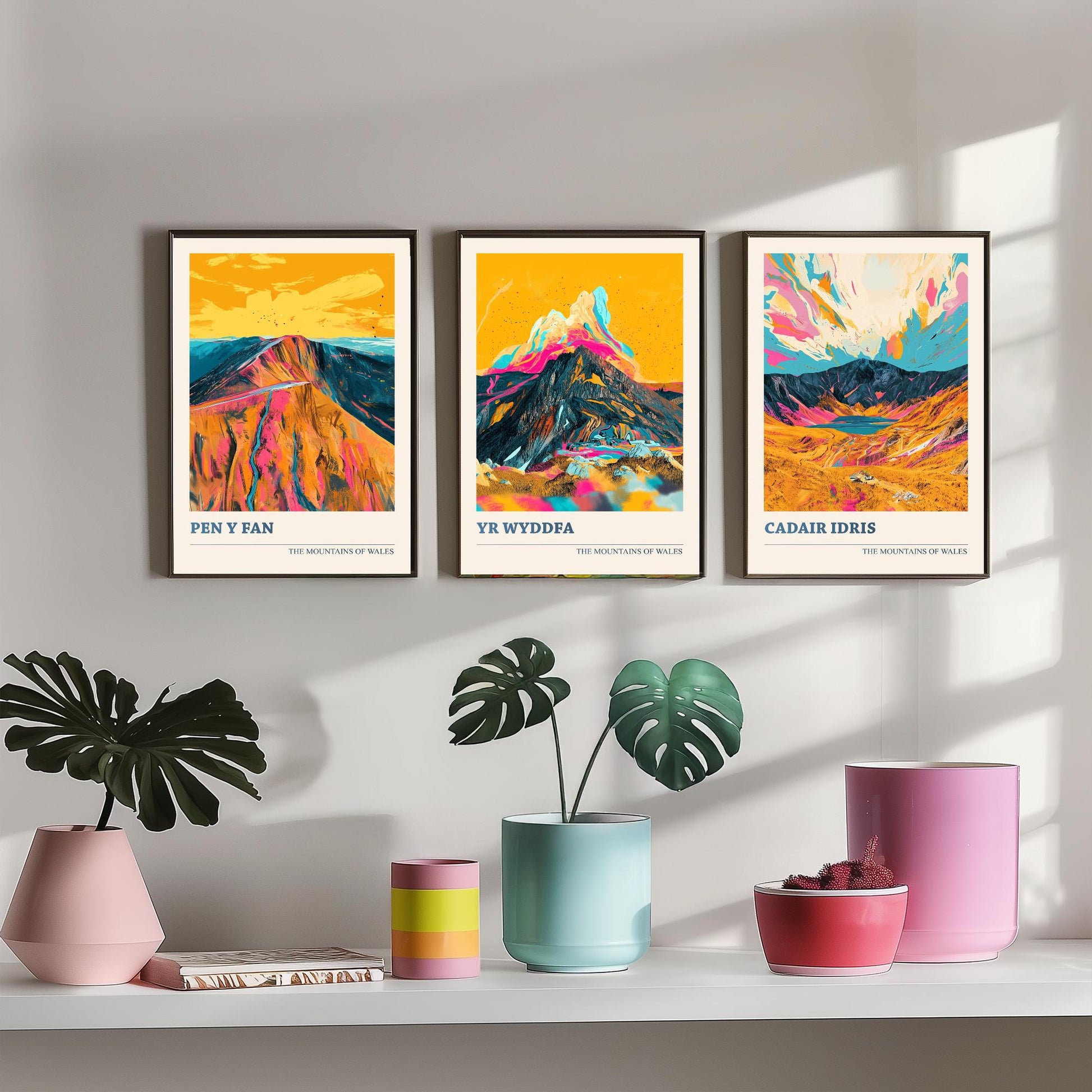 Set of Three Art Prints Welsh Three Peaks - Pen y Fan, Yr Wyddfa, Cadair Idris - Mountain Poster Wall Decor Illustration Gift Wales V3