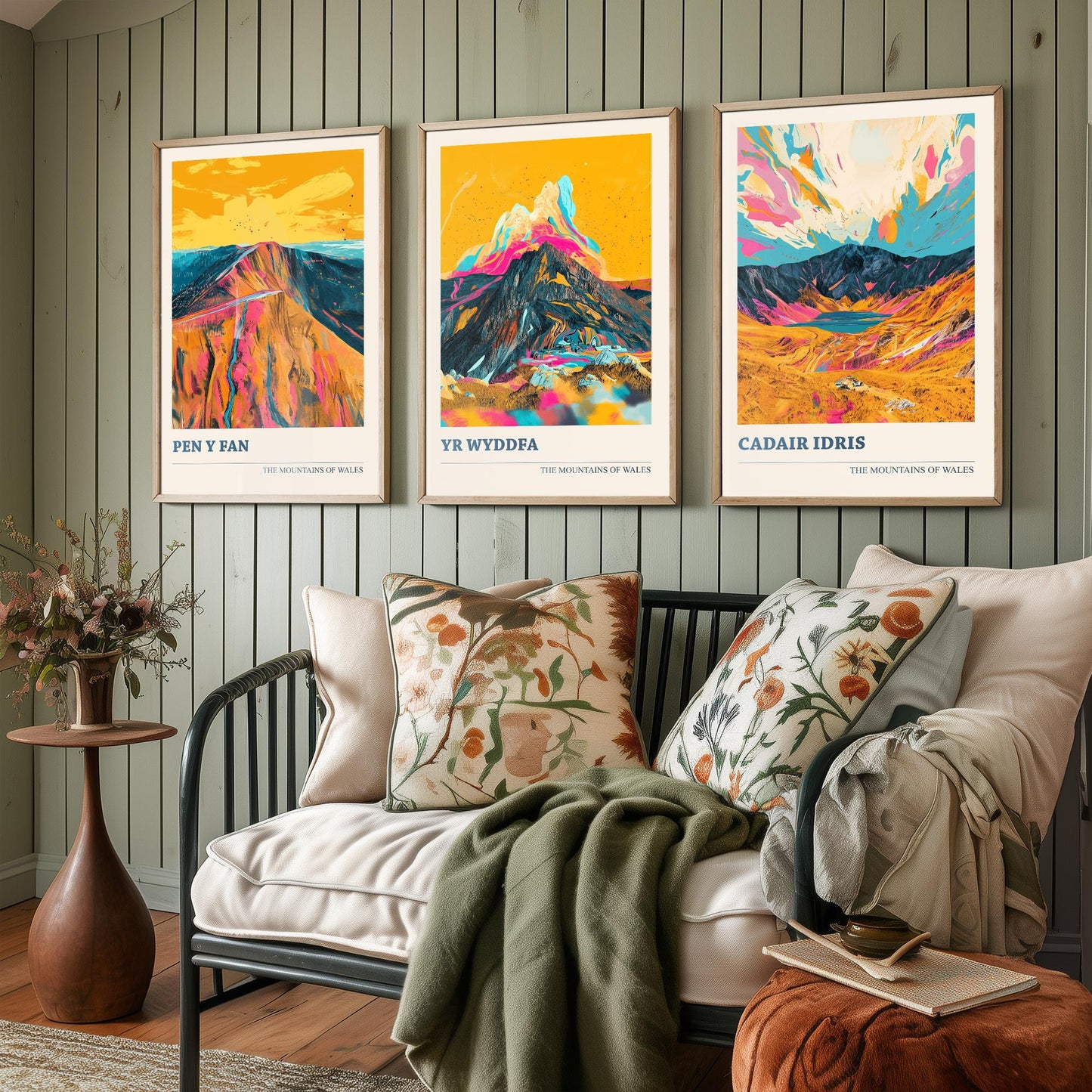 Set of Three Art Prints Welsh Three Peaks - Pen y Fan, Yr Wyddfa, Cadair Idris - Mountain Poster Wall Decor Illustration Gift Wales V3