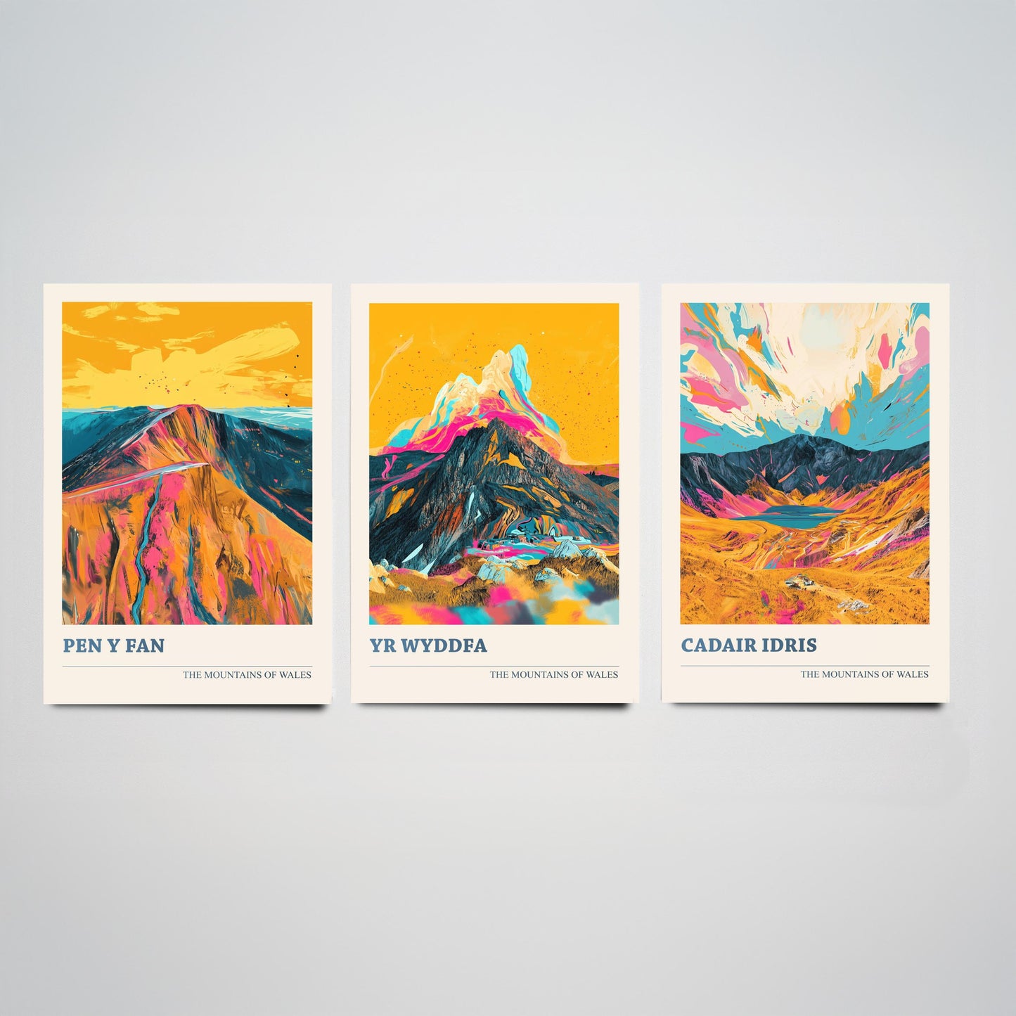 Set of Three Art Prints Welsh Three Peaks - Pen y Fan, Yr Wyddfa, Cadair Idris - Mountain Poster Wall Decor Illustration Gift Wales V3