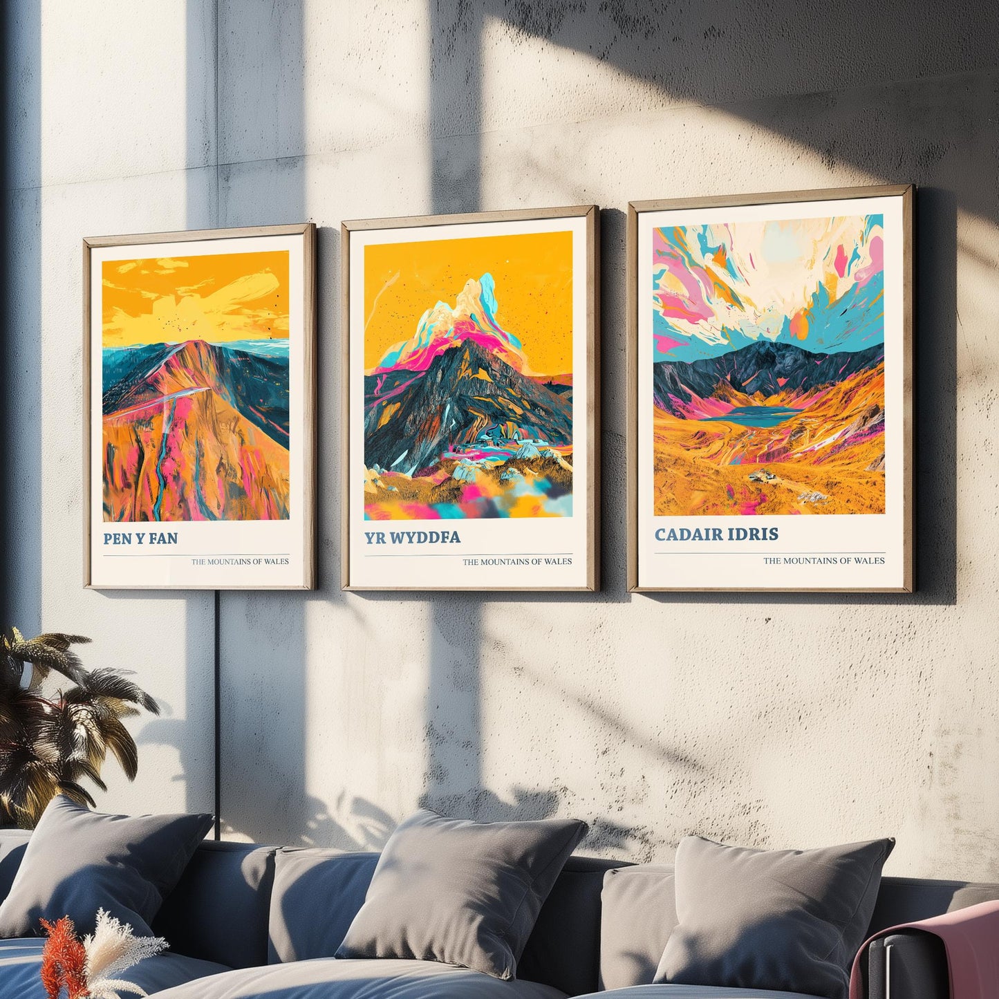 Set of Three Art Prints Welsh Three Peaks - Pen y Fan, Yr Wyddfa, Cadair Idris - Mountain Poster Wall Decor Illustration Gift Wales V3