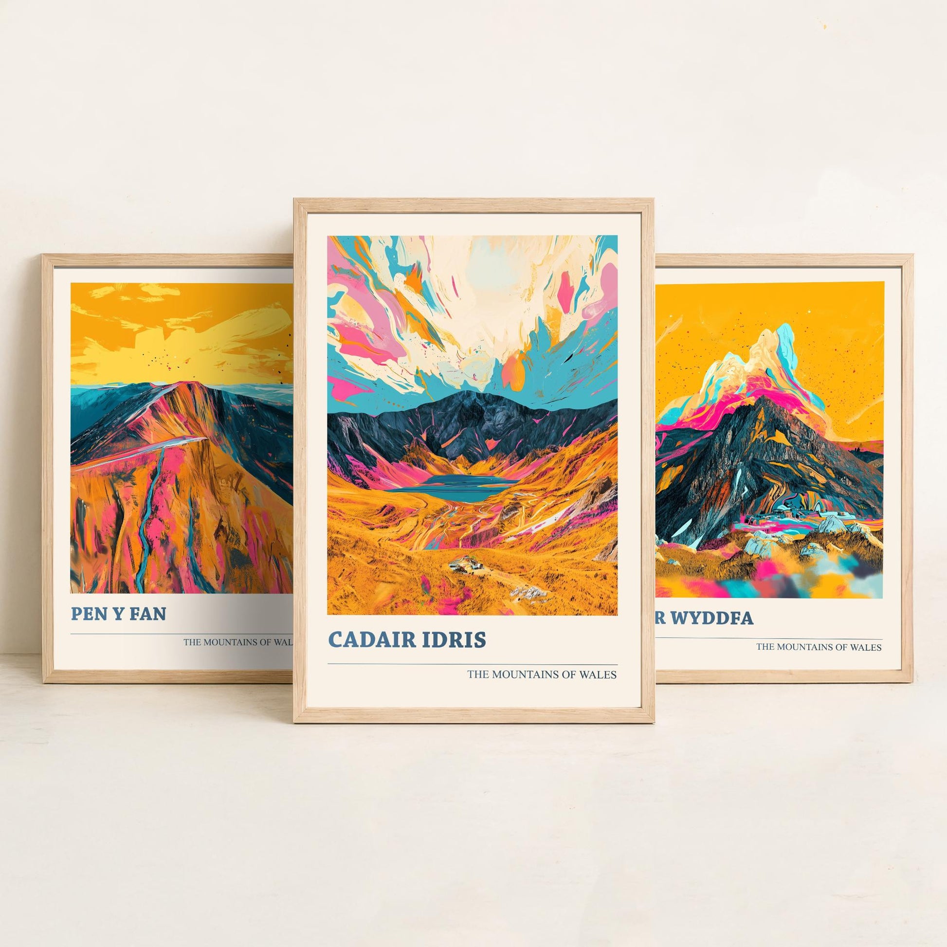Set of Three Art Prints Welsh Three Peaks - Pen y Fan, Yr Wyddfa, Cadair Idris - Mountain Poster Wall Decor Illustration Gift Wales V3