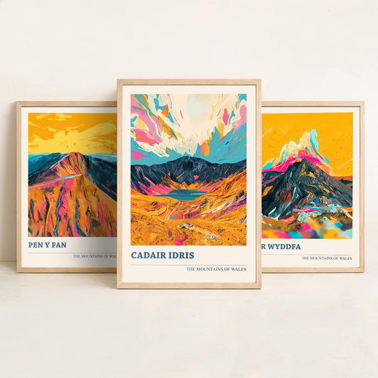 Set of Three Art Prints Welsh Three Peaks - Pen y Fan, Yr Wyddfa, Cadair Idris - Mountain Poster Wall Decor Illustration Gift Wales V3