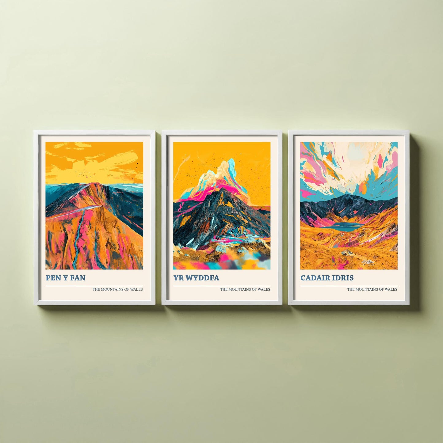 Set of Three Art Prints Welsh Three Peaks - Pen y Fan, Yr Wyddfa, Cadair Idris - Mountain Poster Wall Decor Illustration Gift Wales V3