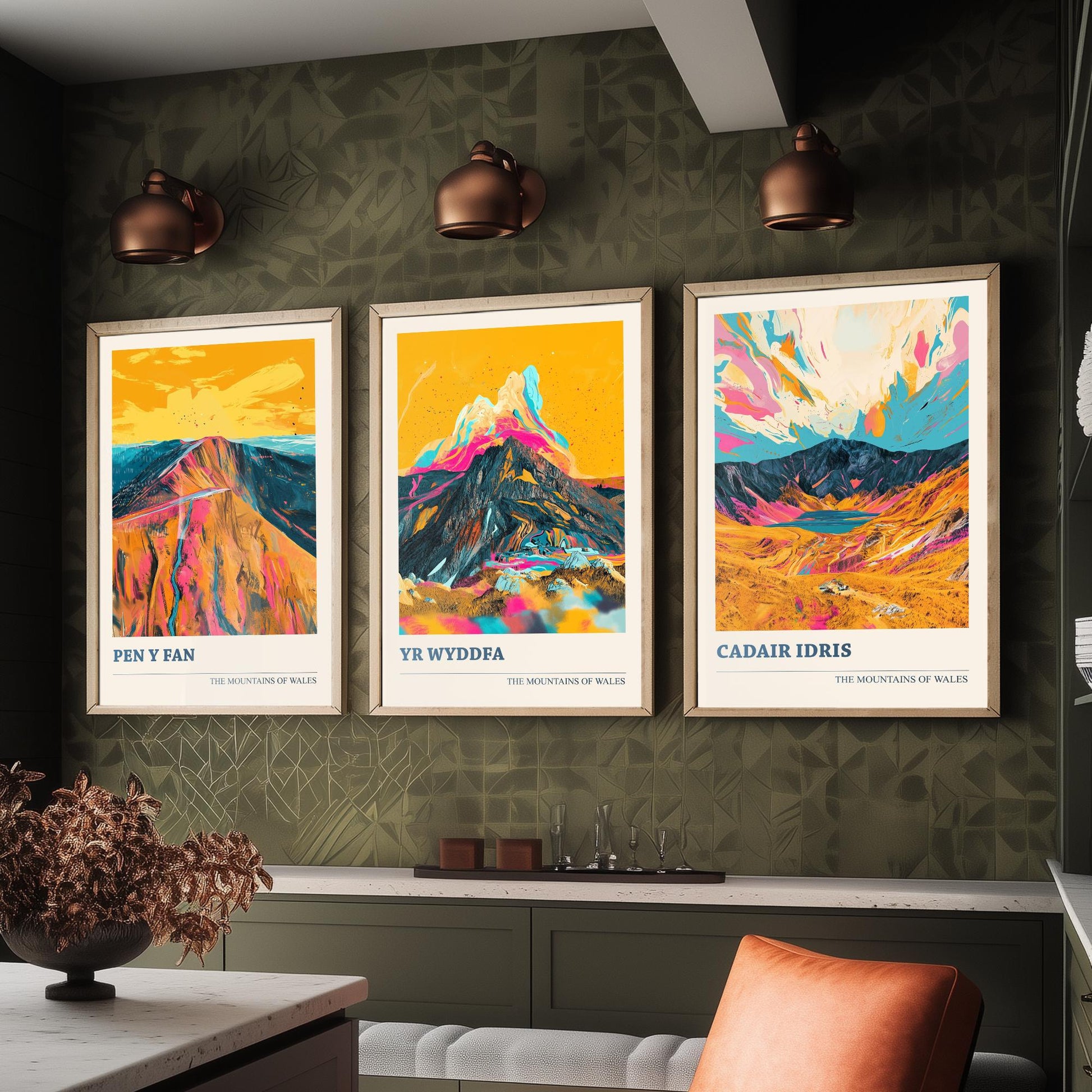 Set of Three Art Prints Welsh Three Peaks - Pen y Fan, Yr Wyddfa, Cadair Idris - Mountain Poster Wall Decor Illustration Gift Wales V3