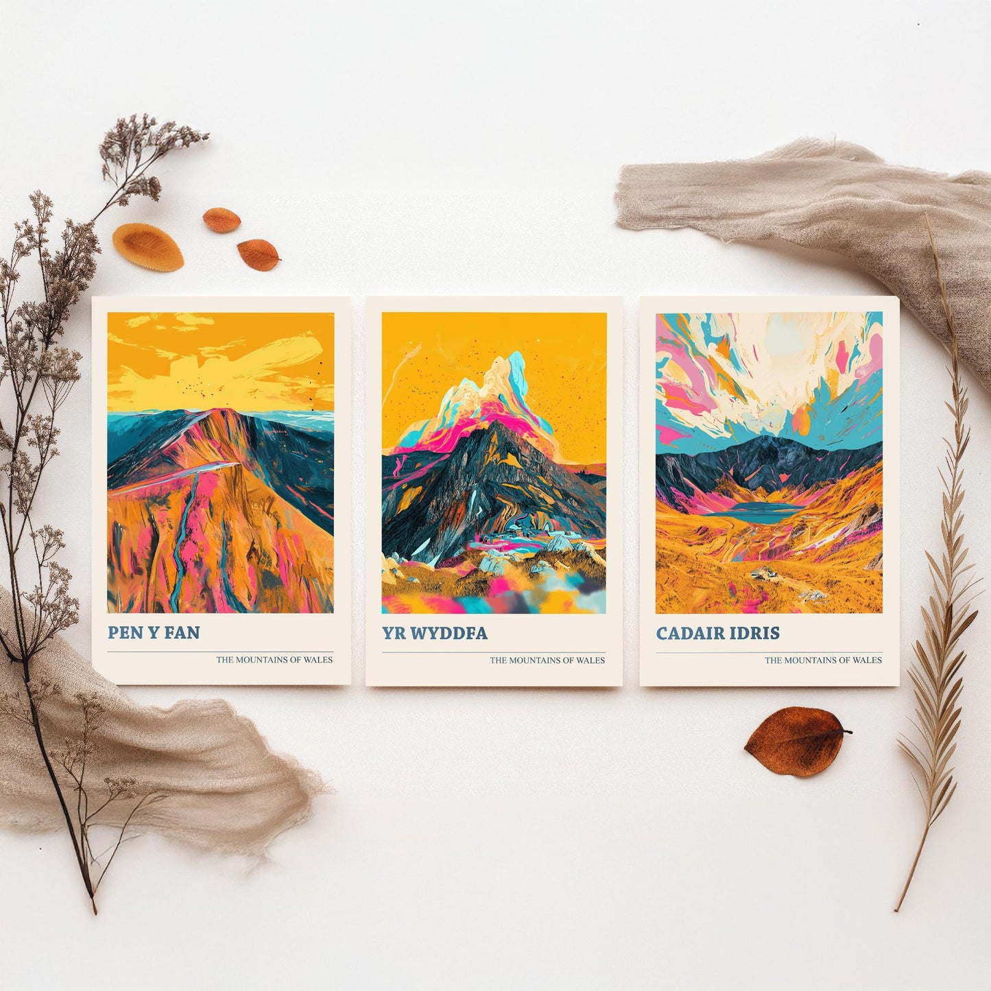 Set of Three Art Prints Welsh Three Peaks - Pen y Fan, Yr Wyddfa, Cadair Idris - Mountain Poster Wall Decor Illustration Gift Wales V3