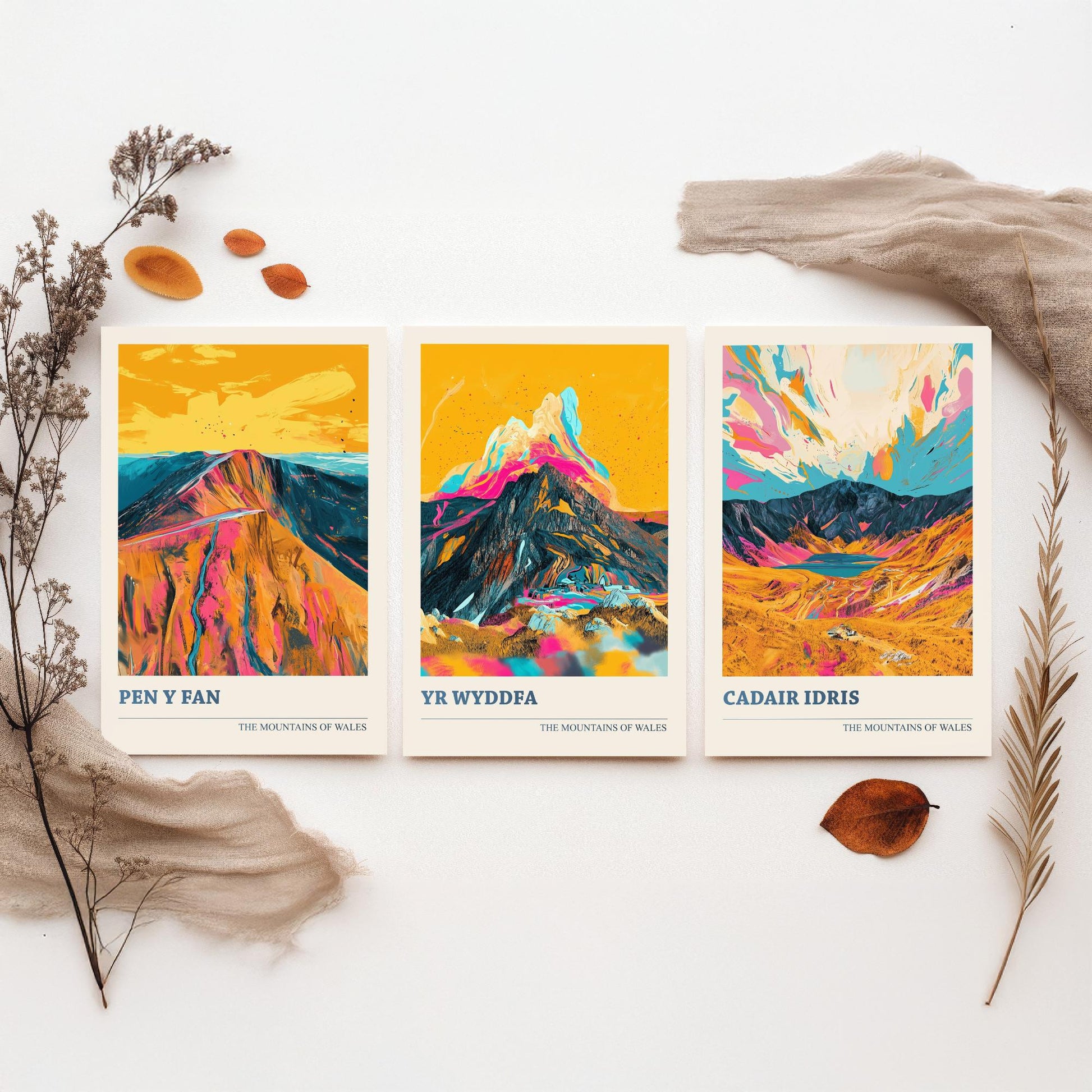 Set of Three Art Prints Welsh Three Peaks - Pen y Fan, Yr Wyddfa, Cadair Idris - Mountain Poster Wall Decor Illustration Gift Wales V3