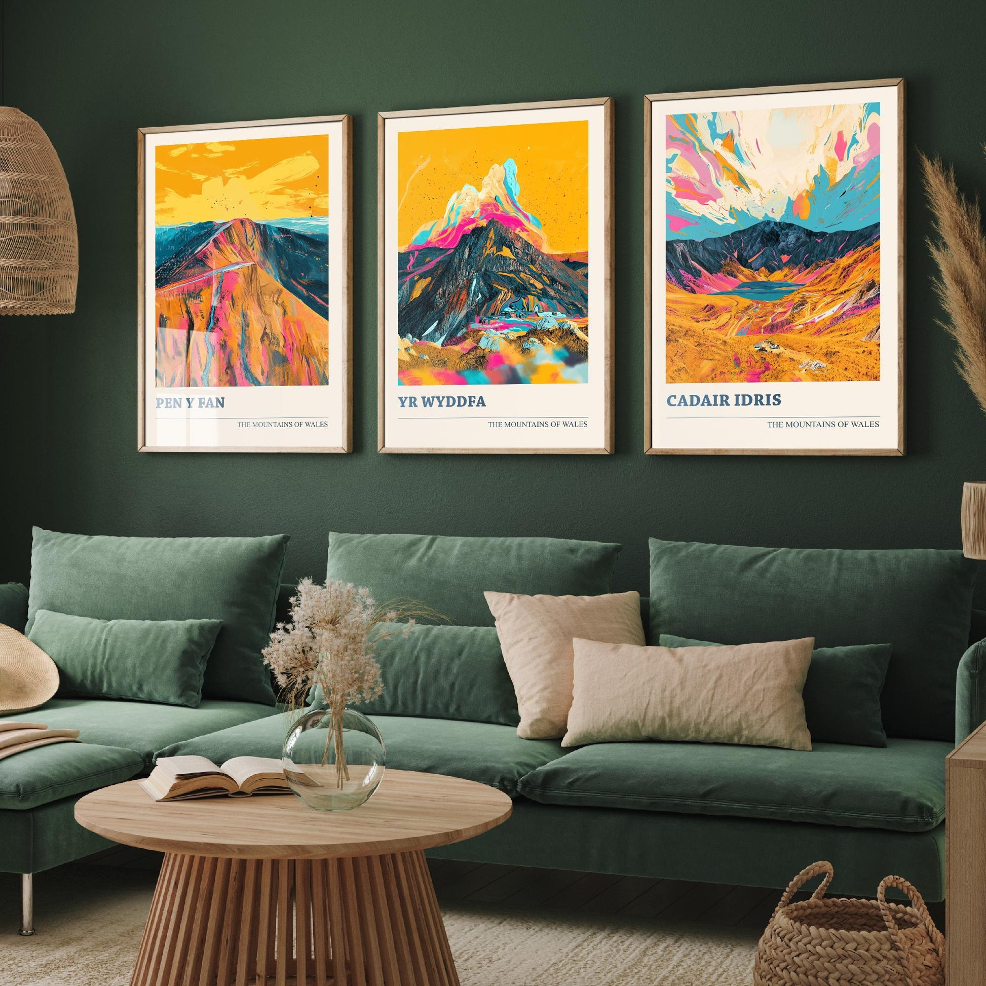 Set of Three Art Prints Welsh Three Peaks - Pen y Fan, Yr Wyddfa, Cadair Idris - Mountain Poster Wall Decor Illustration Gift Wales V3