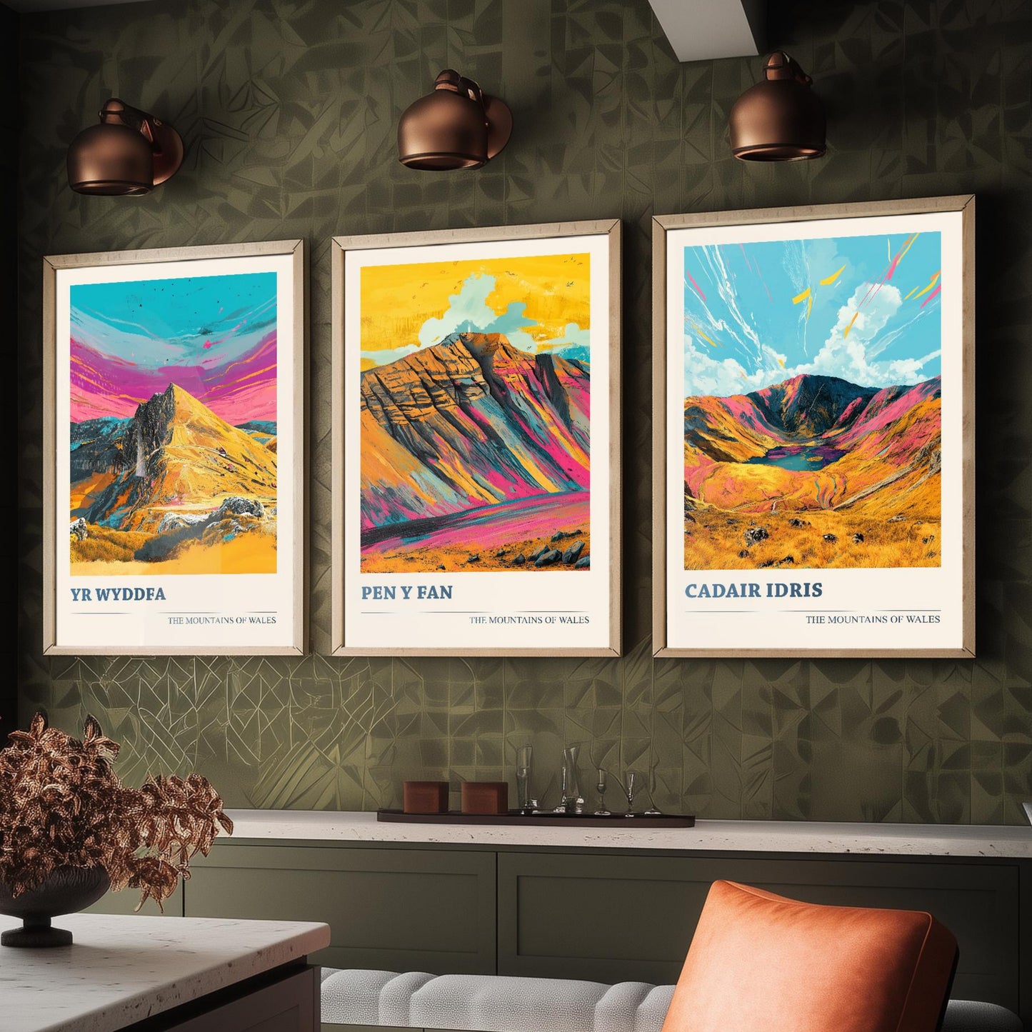 Set of Three Peaks of Wales Travel Posters V4 - Cadair Idris, Yr Wyddfa, Pen y Fan - 3 Art Prints Photo Painting Illustration Gift Visit Map