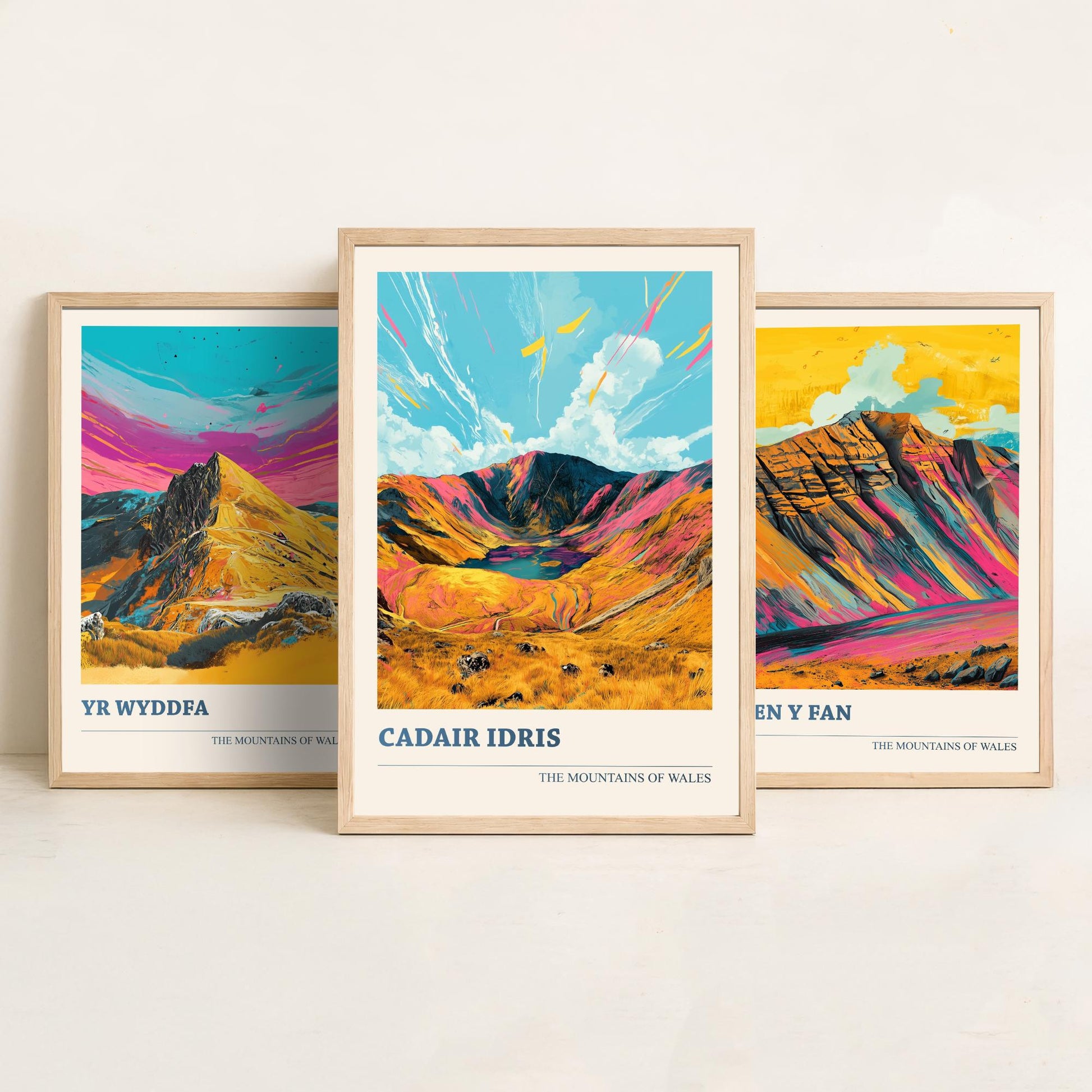 Set of Three Art Prints Wales Mountains - Yr Wyddfa, Pen y Fan, Cadair Idris - Bold Mountain Poster Illustration Wall Gift V4
