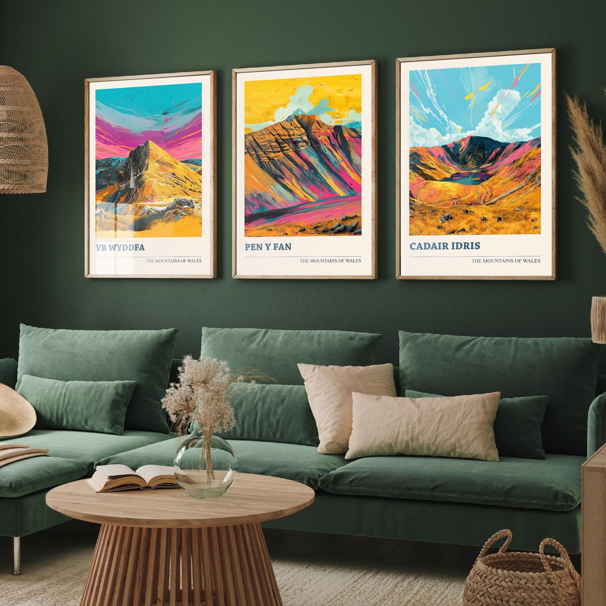 Set of Three Art Prints Wales Mountains - Yr Wyddfa, Pen y Fan, Cadair Idris - Bold Mountain Poster Illustration Wall Gift V4