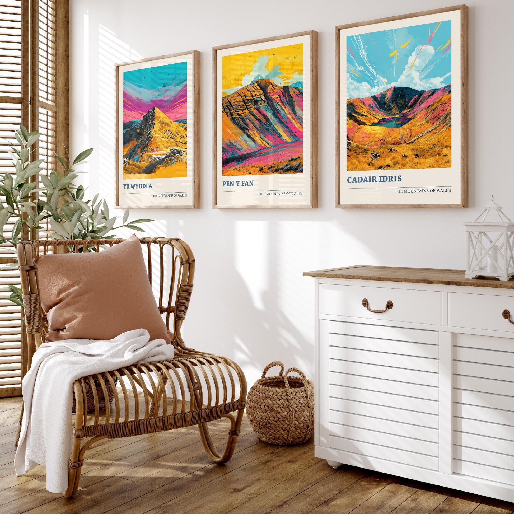 Set of Three Art Prints Wales Mountains - Yr Wyddfa, Pen y Fan, Cadair Idris - Bold Mountain Poster Illustration Wall Gift V4