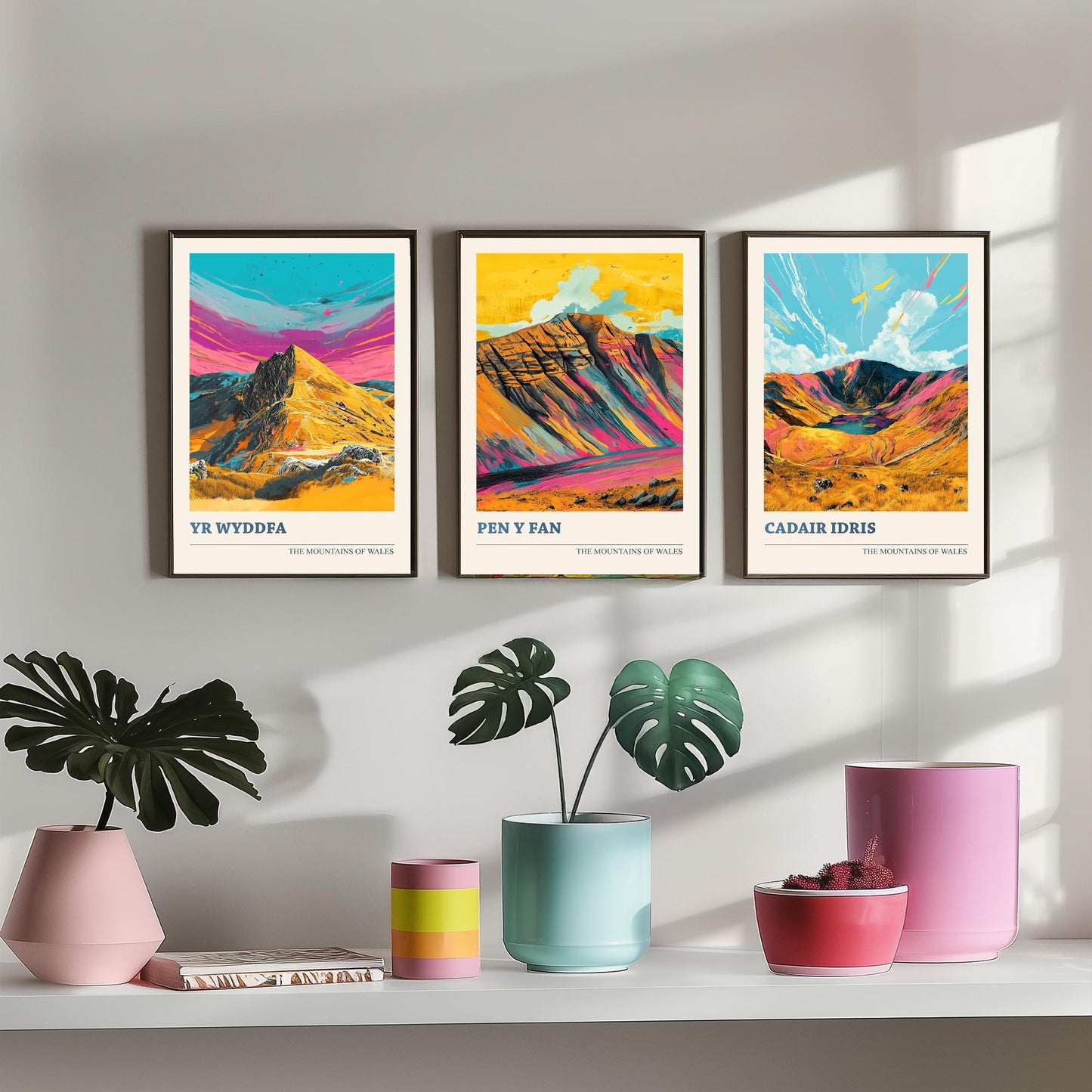 Set of Three Art Prints Wales Mountains - Yr Wyddfa, Pen y Fan, Cadair Idris - Bold Mountain Poster Illustration Wall Gift V4