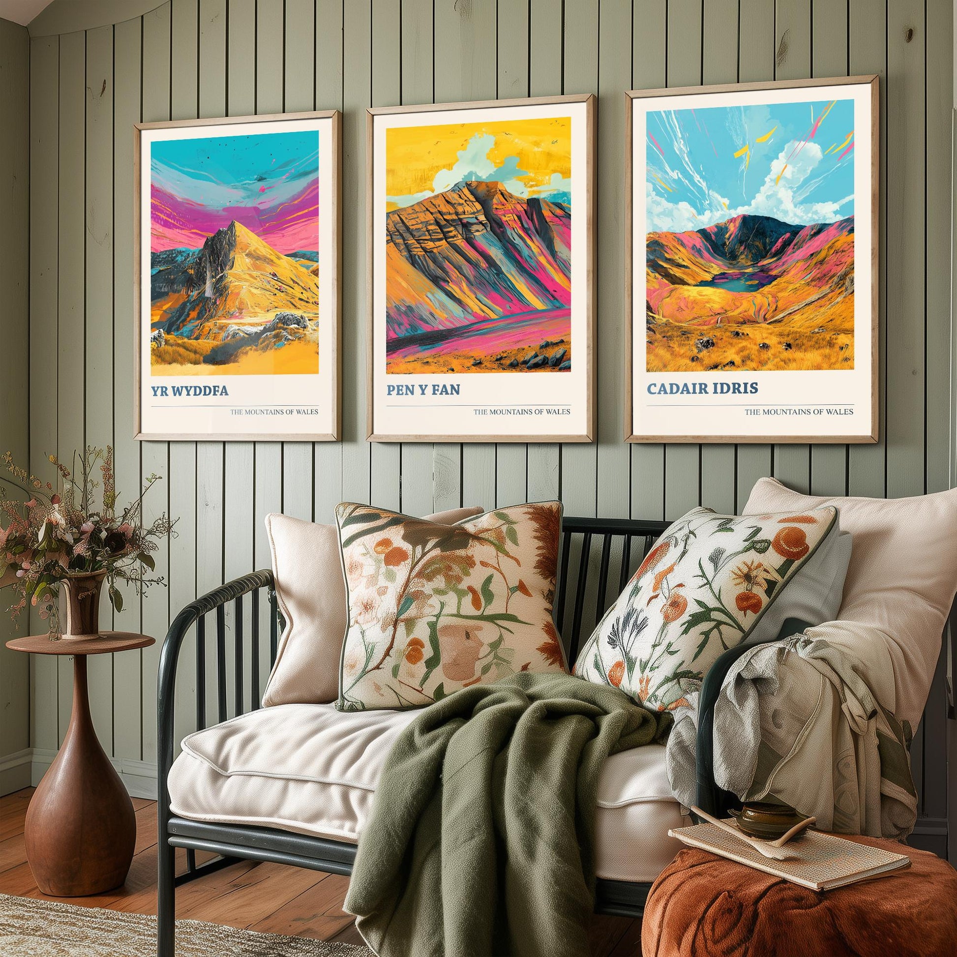 Set of Three Art Prints Wales Mountains - Yr Wyddfa, Pen y Fan, Cadair Idris - Bold Mountain Poster Illustration Wall Gift V4