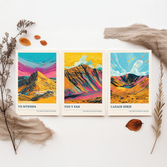 Set of Three Art Prints Wales Mountains - Yr Wyddfa, Pen y Fan, Cadair Idris - Bold Mountain Poster Illustration Wall Gift V4