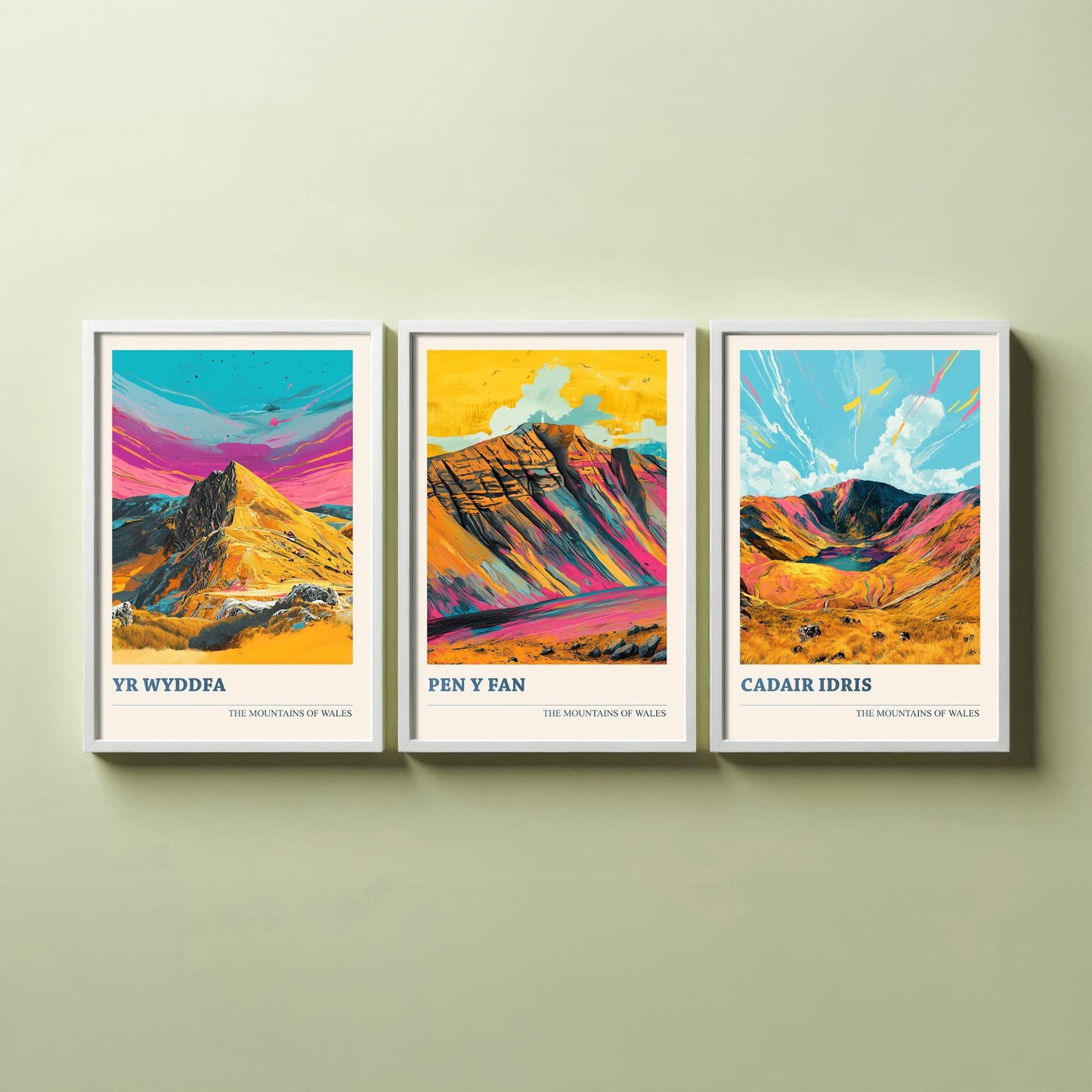 Set of Three Art Prints Wales Mountains - Yr Wyddfa, Pen y Fan, Cadair Idris - Bold Mountain Poster Illustration Wall Gift V4