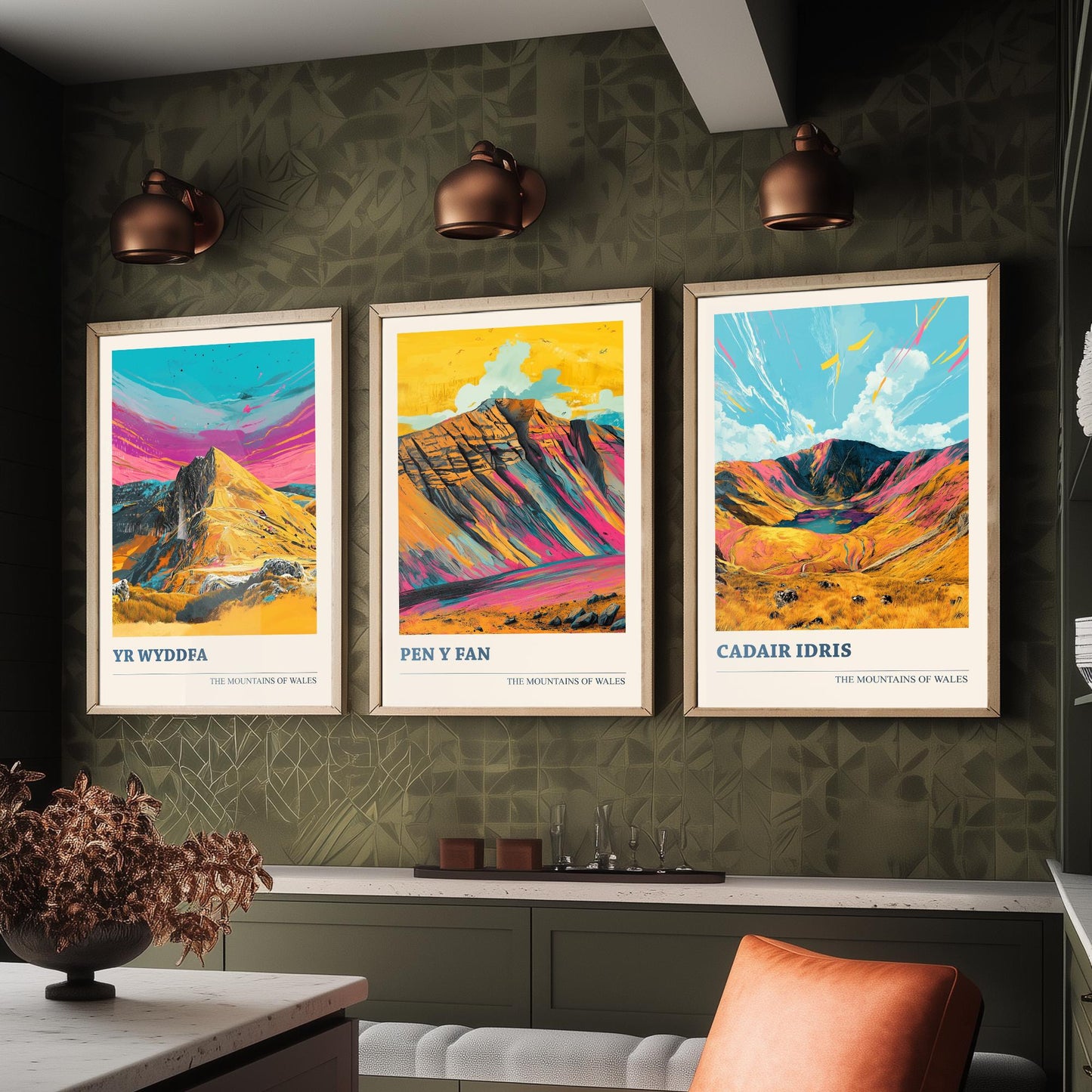 Set of Three Art Prints Wales Mountains - Yr Wyddfa, Pen y Fan, Cadair Idris - Bold Mountain Poster Illustration Wall Gift V4