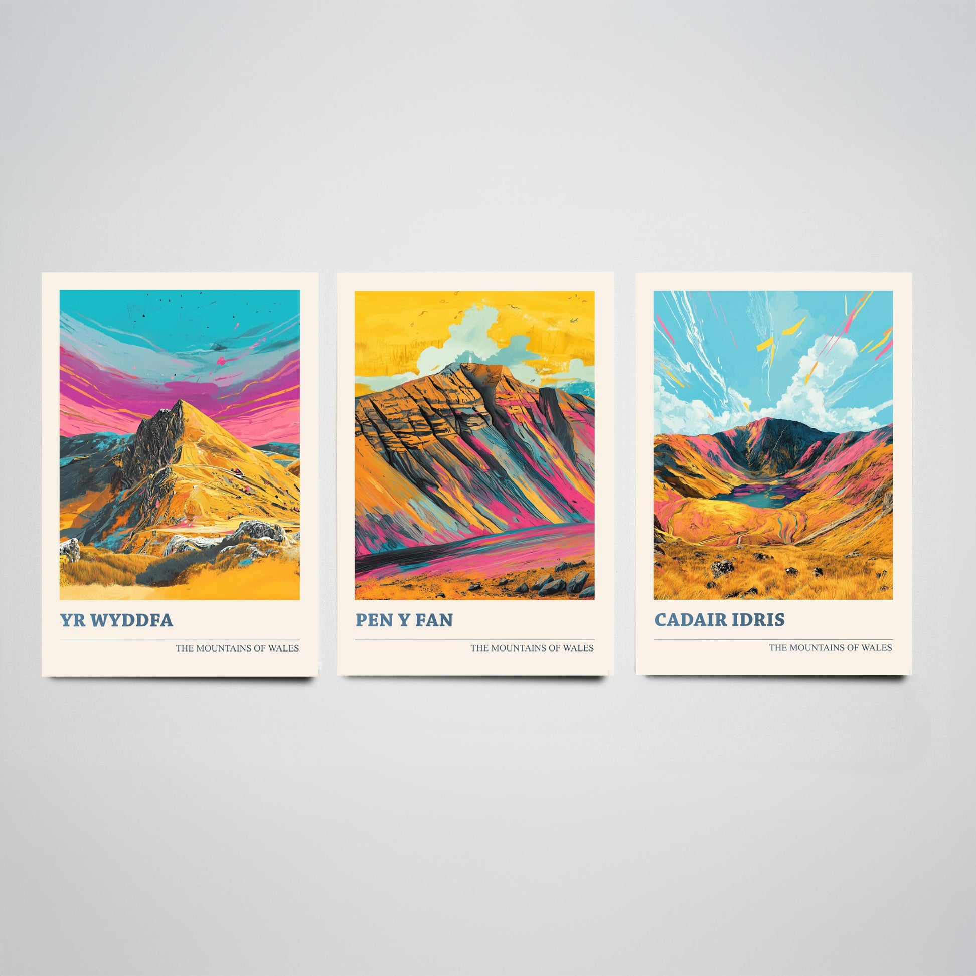 Set of Three Art Prints Wales Mountains - Yr Wyddfa, Pen y Fan, Cadair Idris - Bold Mountain Poster Illustration Wall Gift V4