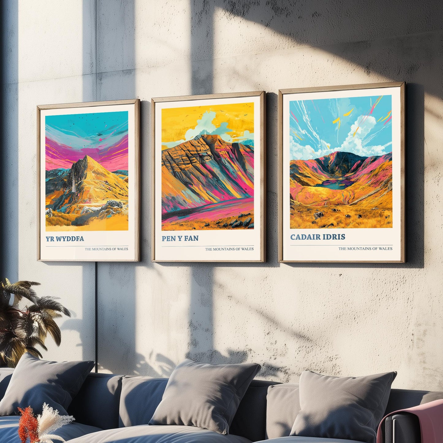 Set of Three Art Prints Wales Mountains - Yr Wyddfa, Pen y Fan, Cadair Idris - Bold Mountain Poster Illustration Wall Gift V4