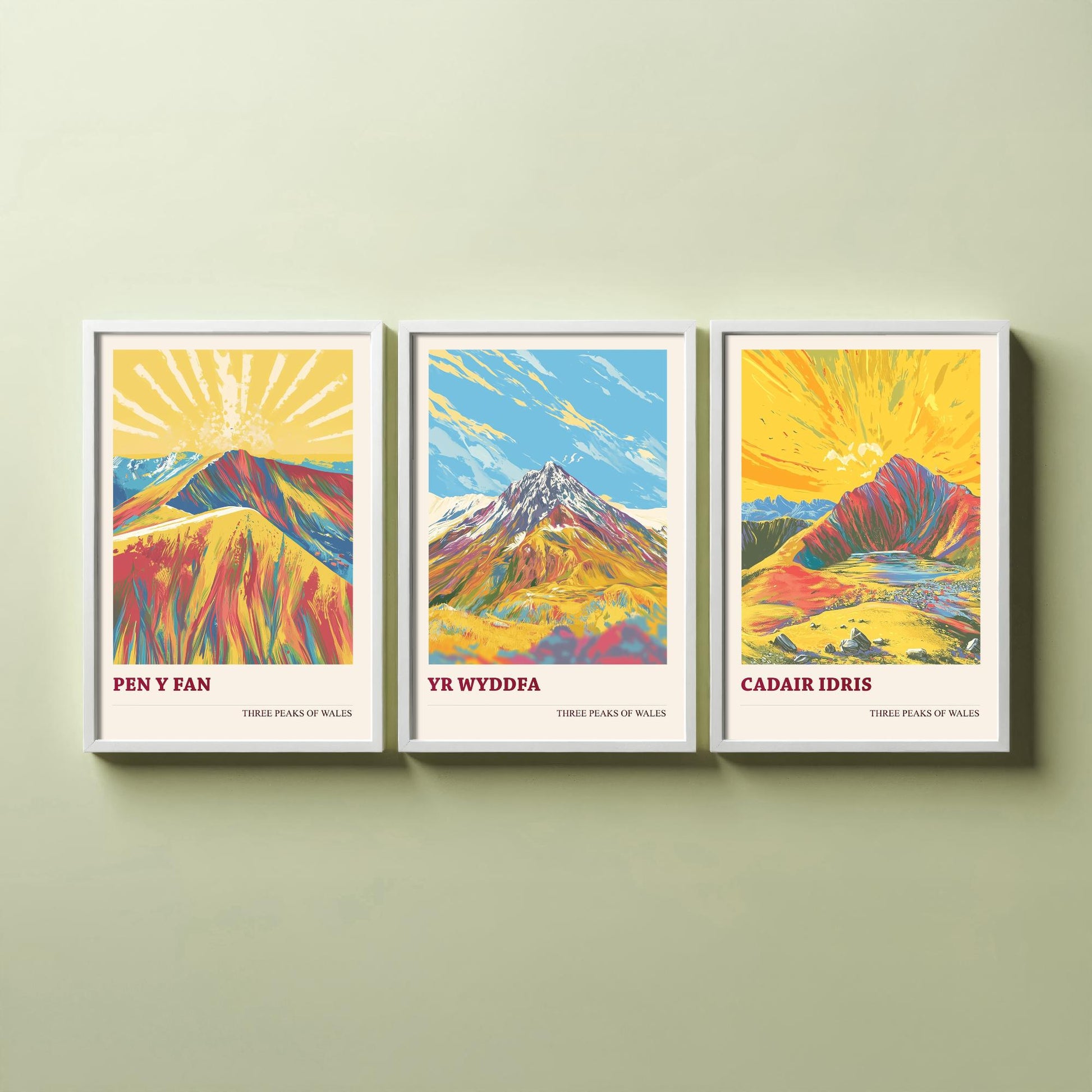 Set of Three Art Prints Peaks of Wales - Pen y Fan, Yr Wyddfa, Cadair Idris - Vintage Mountain Poster Illustration Travel Gift V5