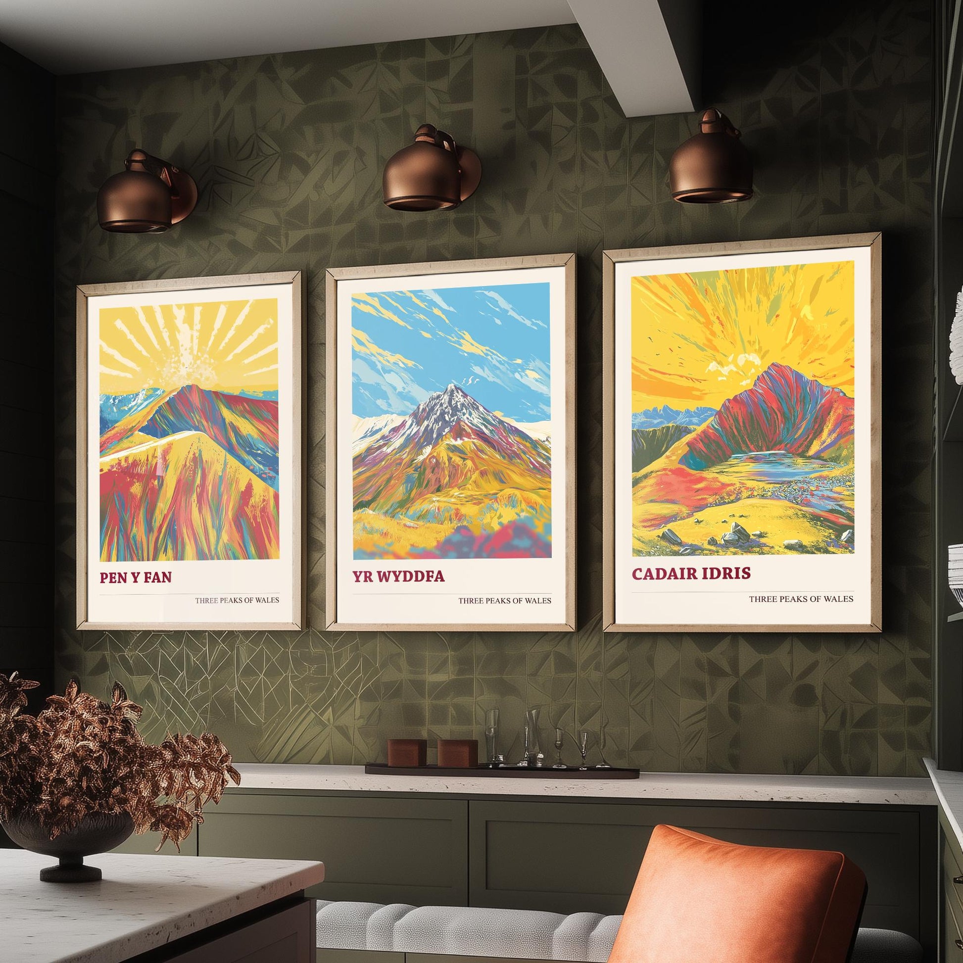 Set of Three Art Prints Peaks of Wales - Pen y Fan, Yr Wyddfa, Cadair Idris - Vintage Mountain Poster Illustration Travel Gift V5