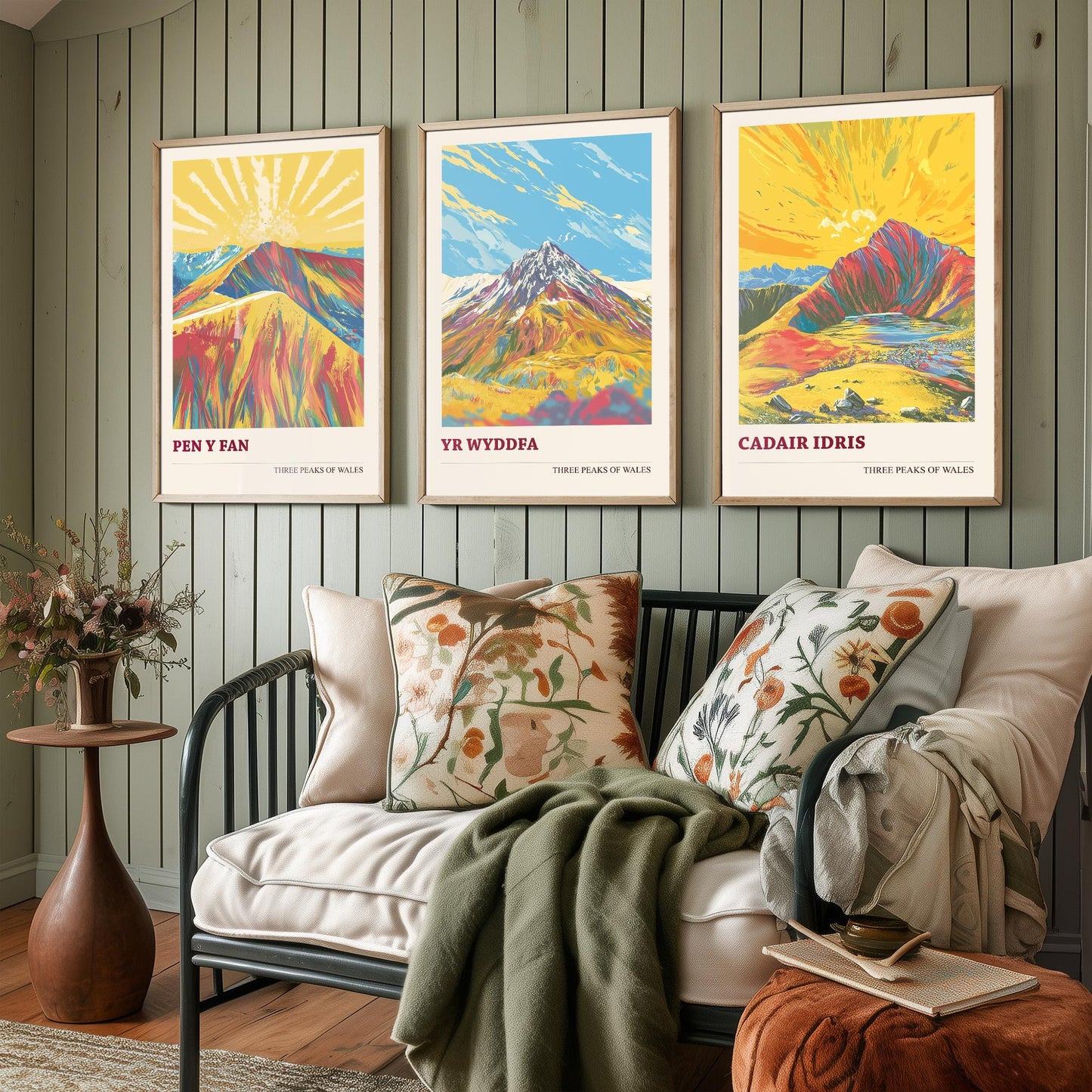 Set of Three Art Prints Peaks of Wales - Pen y Fan, Yr Wyddfa, Cadair Idris - Vintage Mountain Poster Illustration Travel Gift V5