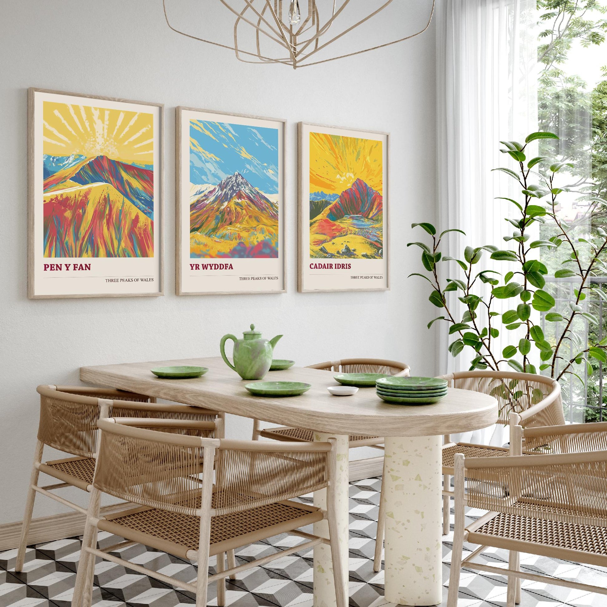 Set of Three Art Prints Peaks of Wales - Pen y Fan, Yr Wyddfa, Cadair Idris - Vintage Mountain Poster Illustration Travel Gift V5