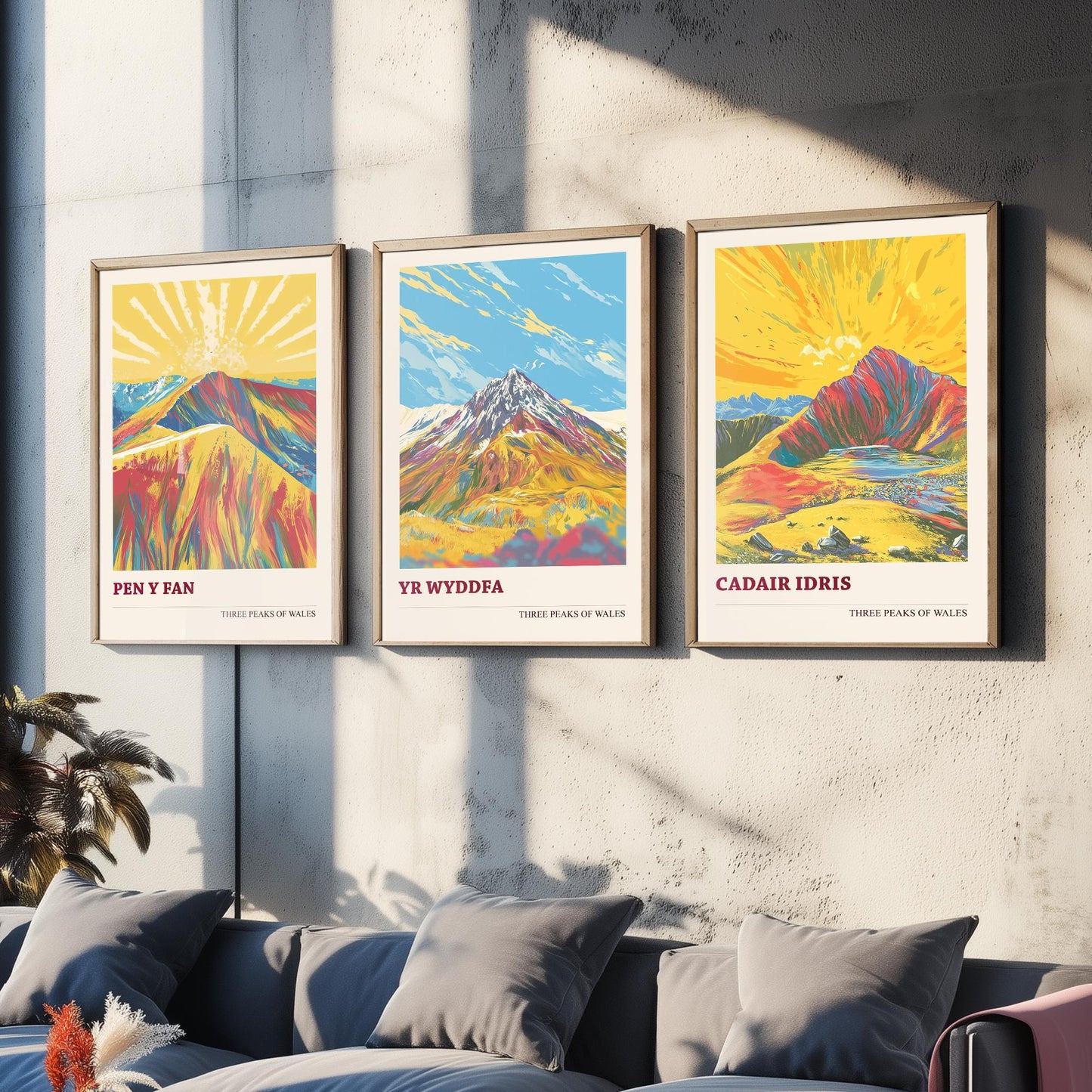 Set of Three Art Prints Peaks of Wales - Pen y Fan, Yr Wyddfa, Cadair Idris - Vintage Mountain Poster Illustration Travel Gift V5