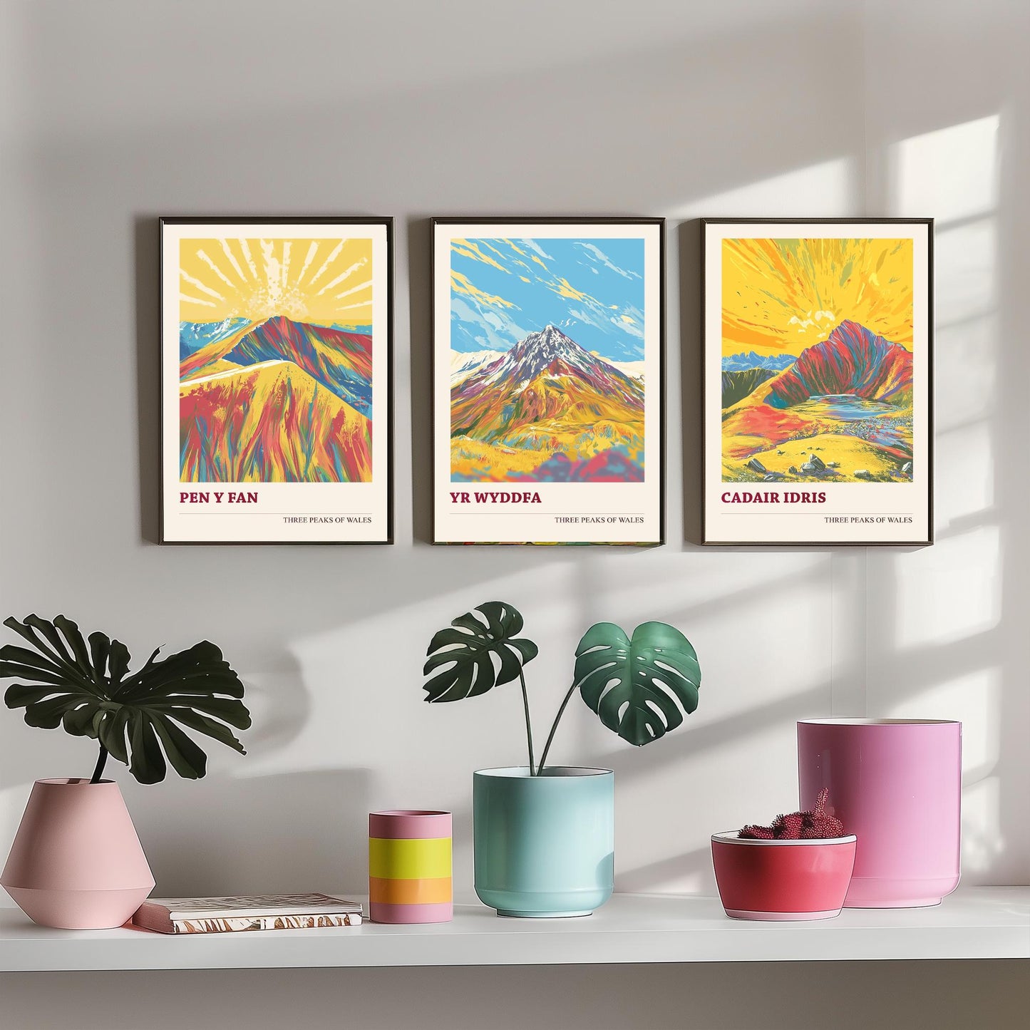 Set of Three Art Prints Peaks of Wales - Pen y Fan, Yr Wyddfa, Cadair Idris - Vintage Mountain Poster Illustration Travel Gift V5
