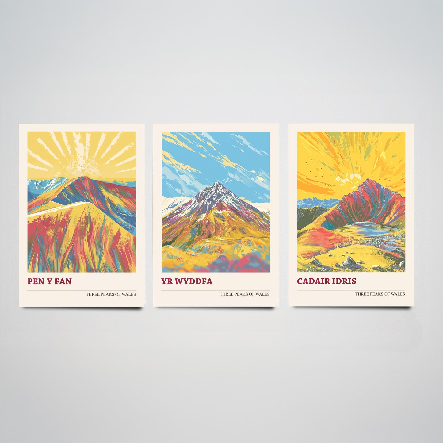 Set of Three Art Prints Peaks of Wales - Pen y Fan, Yr Wyddfa, Cadair Idris - Vintage Mountain Poster Illustration Travel Gift V5