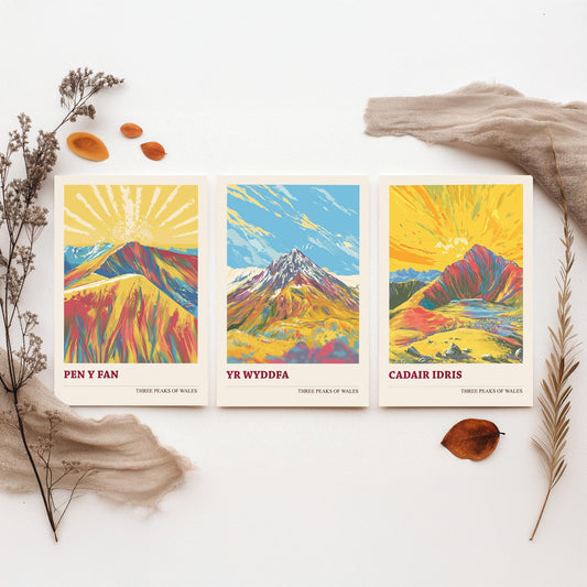 Set of Three Art Prints Peaks of Wales - Pen y Fan, Yr Wyddfa, Cadair Idris - Vintage Mountain Poster Illustration Travel Gift V5