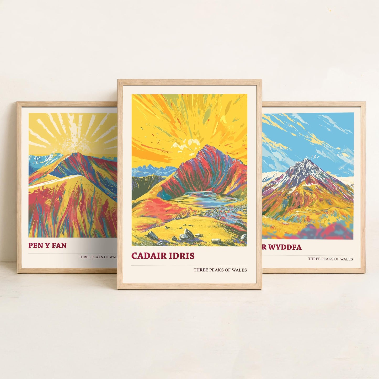 Set of Three Art Prints Peaks of Wales - Pen y Fan, Yr Wyddfa, Cadair Idris - Vintage Mountain Poster Illustration Travel Gift V5