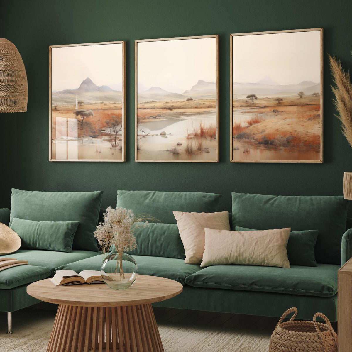 The Wet Outback Set of Three Art Prints - Panoramic River, Acacia Trees and Misty Ranges - Neutral Watercolour Landscape Poster