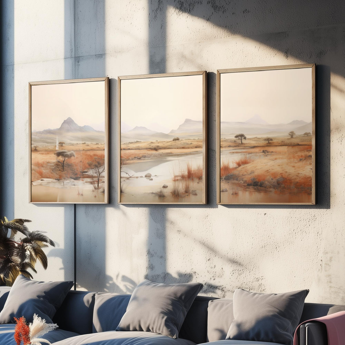 The Wet Outback Set of Three Art Prints - Panoramic River, Acacia Trees and Misty Ranges - Neutral Watercolour Landscape Poster