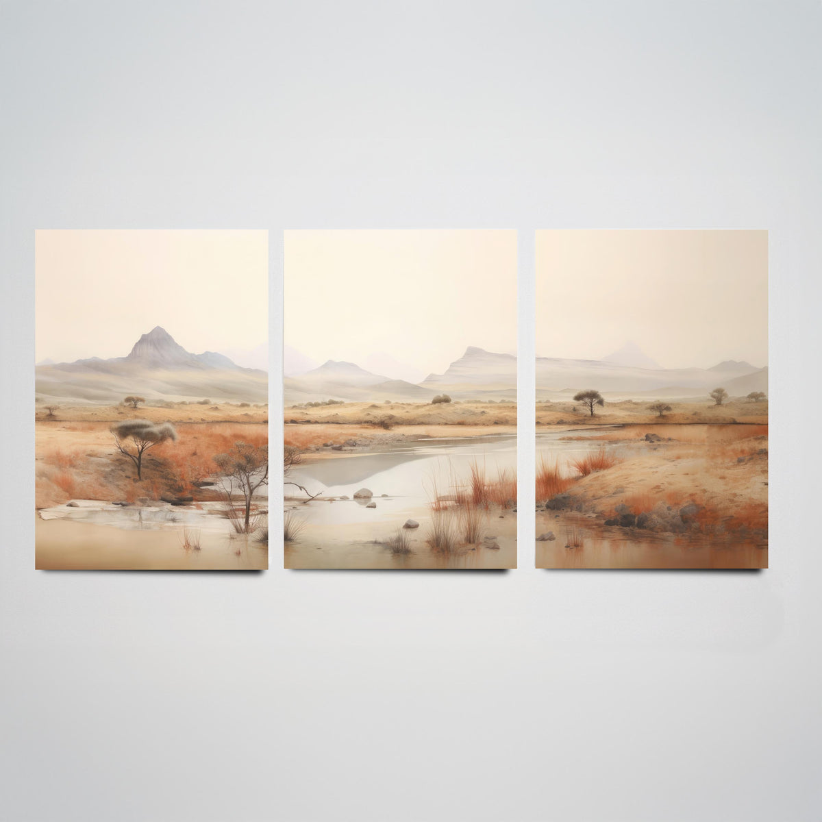 The Wet Outback Set of Three Art Prints - Panoramic River, Acacia Trees and Misty Ranges - Neutral Watercolour Landscape Poster