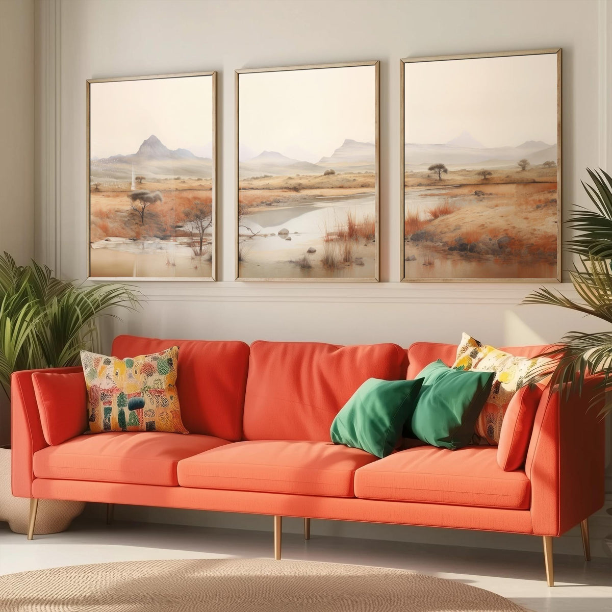 The Wet Outback Set of Three Art Prints - Panoramic River, Acacia Trees and Misty Ranges - Neutral Watercolour Landscape Poster