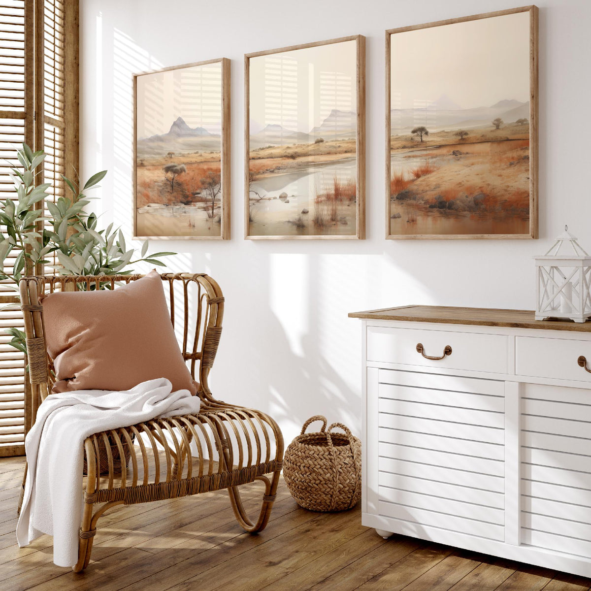The Wet Outback Set of Three Art Prints - Panoramic River, Acacia Trees and Misty Ranges - Neutral Watercolour Landscape Poster
