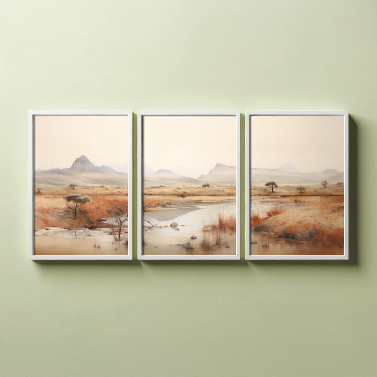 The Wet Outback Set of Three Art Prints - Panoramic River, Acacia Trees and Misty Ranges - Neutral Watercolour Landscape Poster