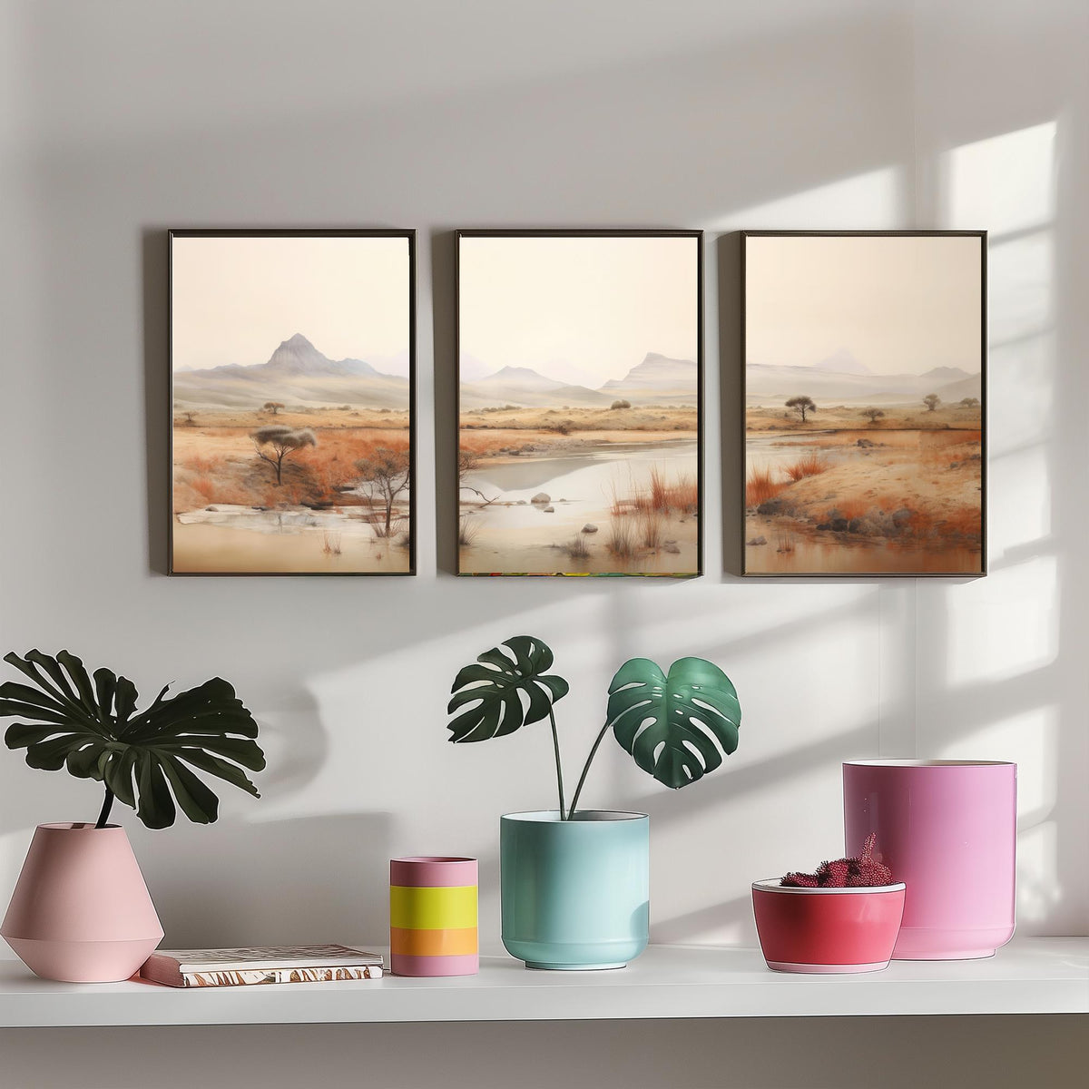 The Wet Outback Set of Three Art Prints - Panoramic River, Acacia Trees and Misty Ranges - Neutral Watercolour Landscape Poster