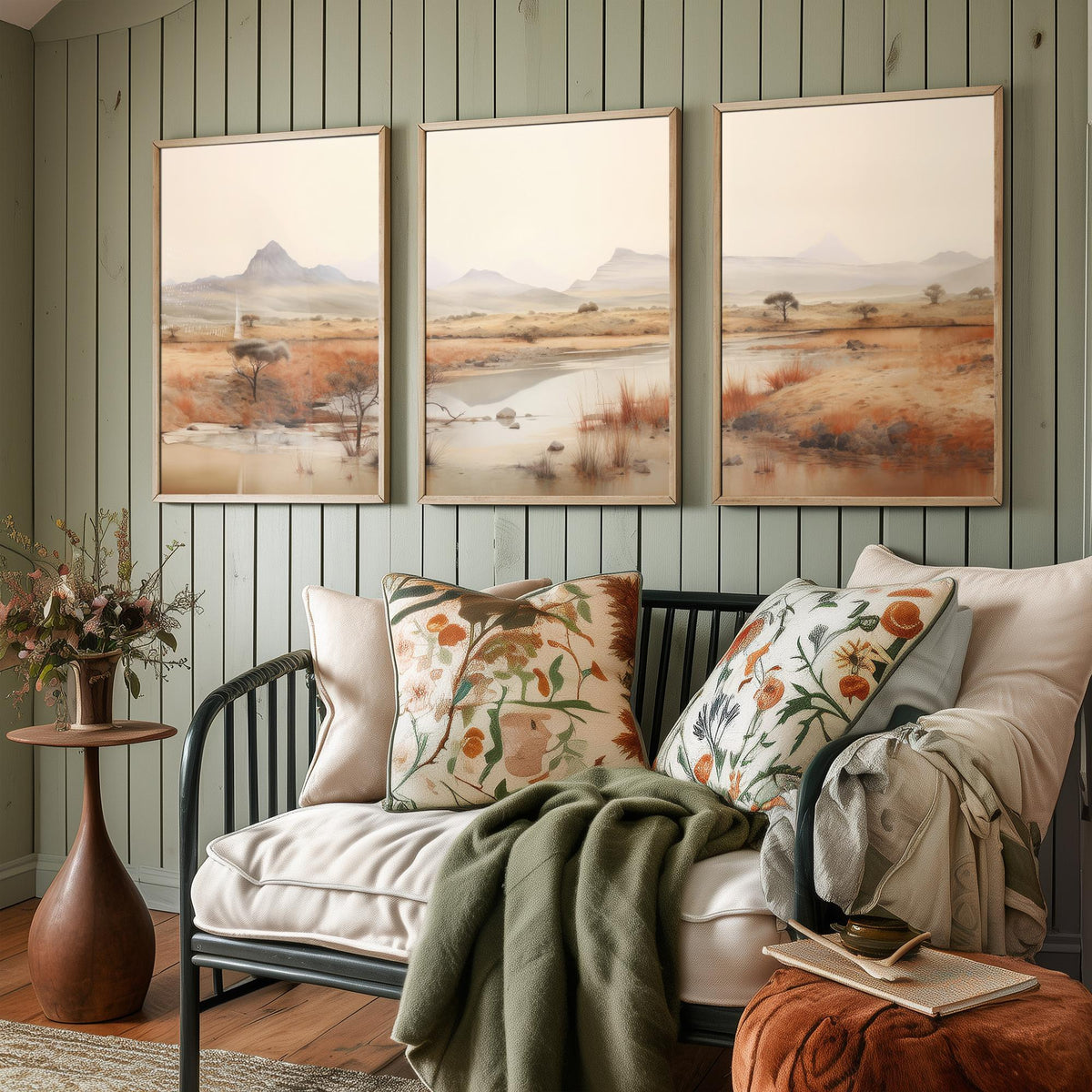 The Wet Outback Set of Three Art Prints - Panoramic River, Acacia Trees and Misty Ranges - Neutral Watercolour Landscape Poster