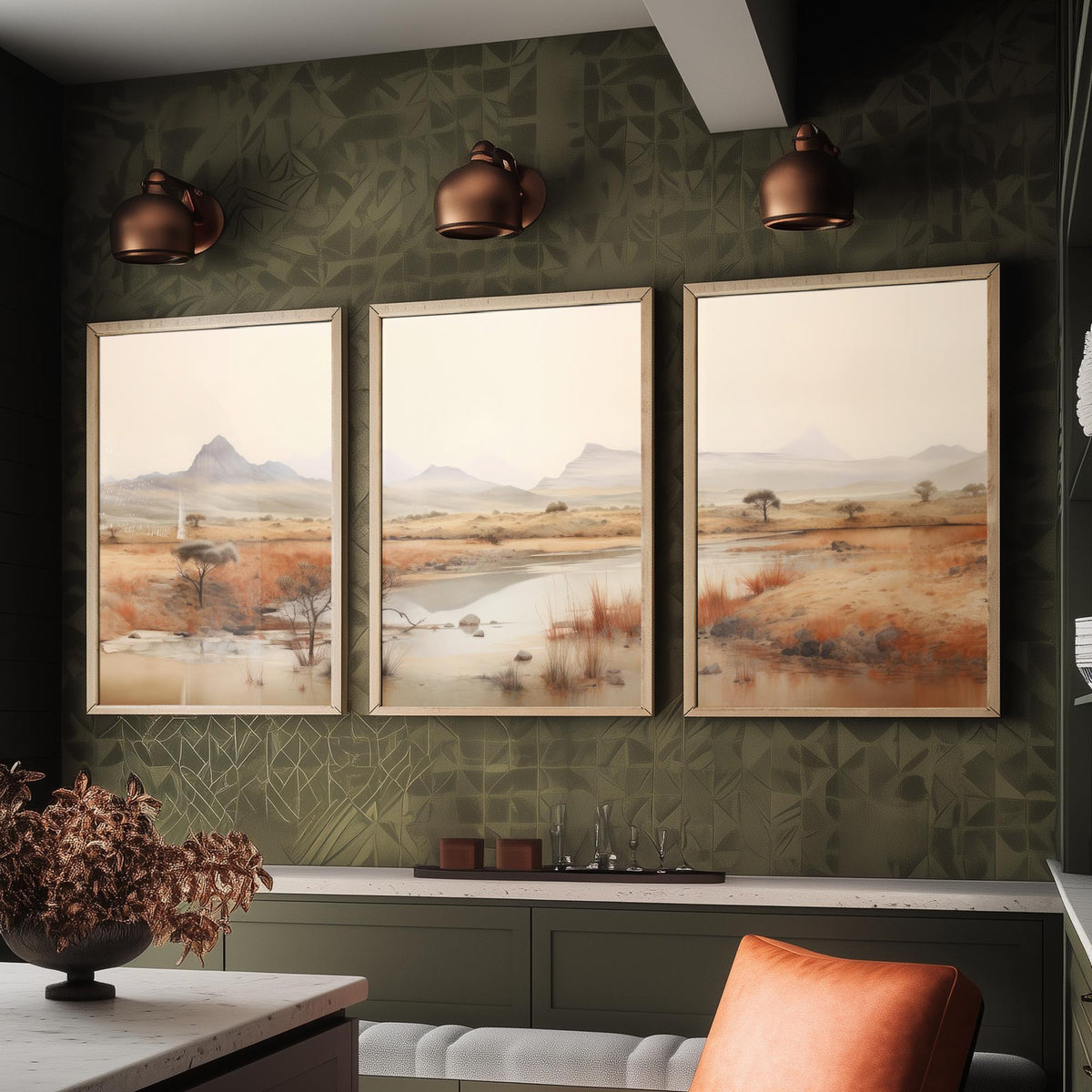 The Wet Outback Set of Three Art Prints - Panoramic River, Acacia Trees and Misty Ranges - Neutral Watercolour Landscape Poster