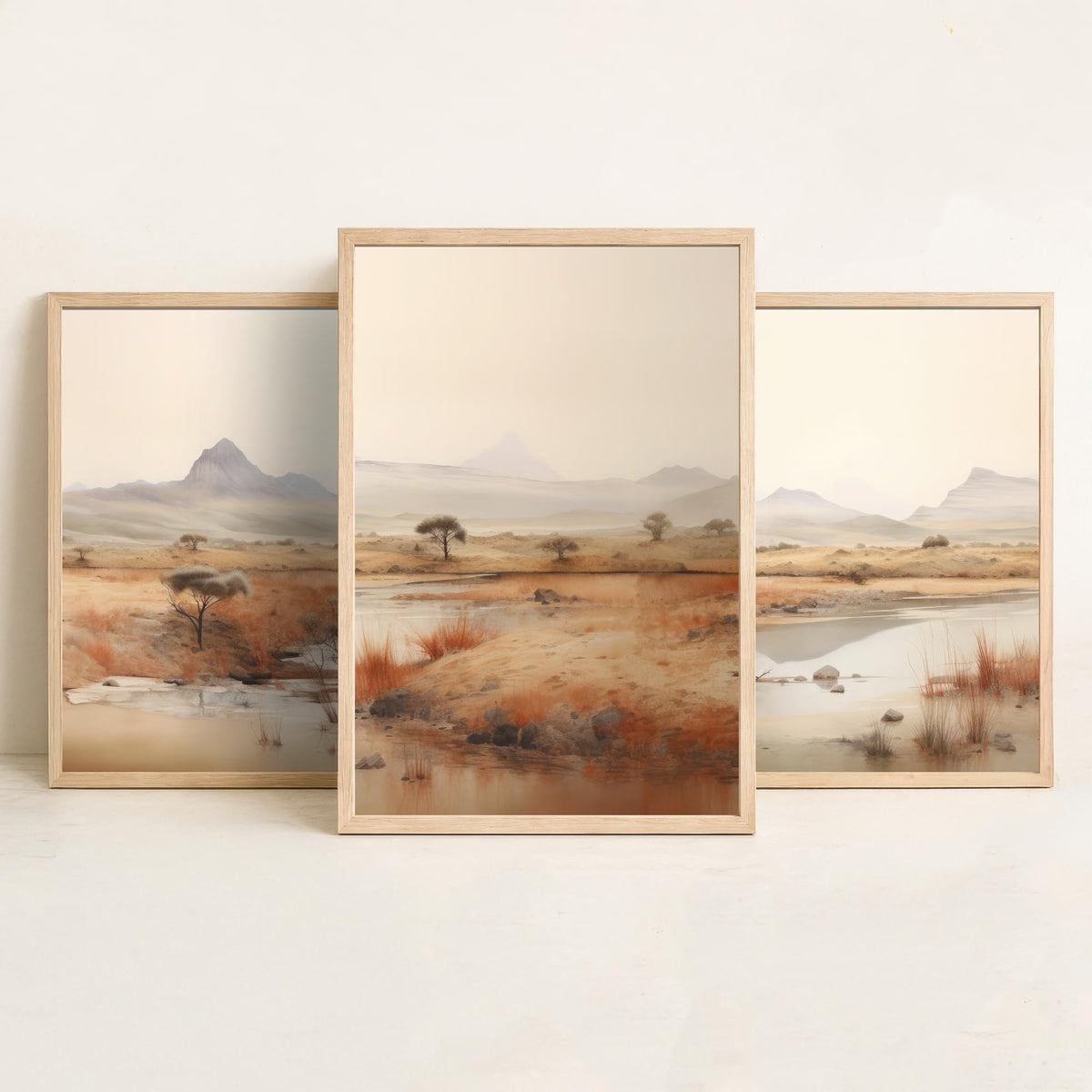 The Wet Outback Set of Three Art Prints - Panoramic River, Acacia Trees and Misty Ranges - Neutral Watercolour Landscape Poster