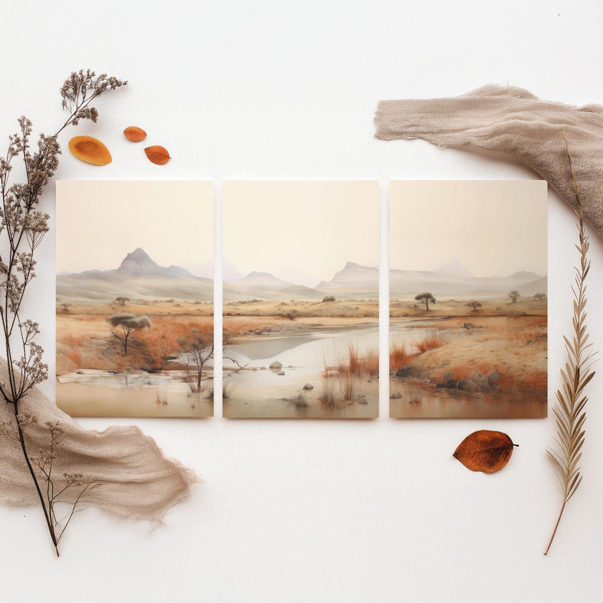 The Wet Outback Set of Three Art Prints - Panoramic River, Acacia Trees and Misty Ranges - Neutral Watercolour Landscape Poster