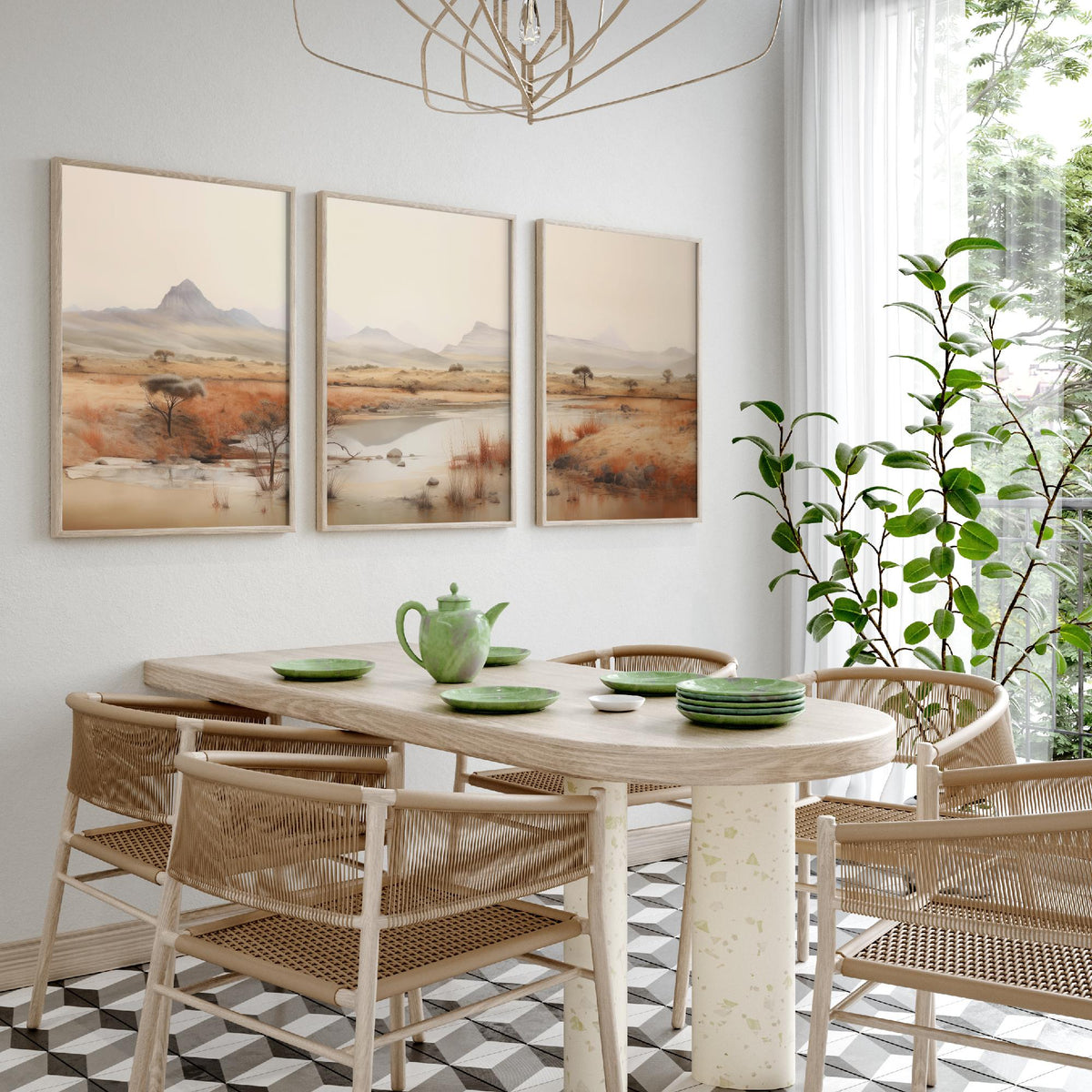 The Wet Outback Set of Three Art Prints - Panoramic River, Acacia Trees and Misty Ranges - Neutral Watercolour Landscape Poster
