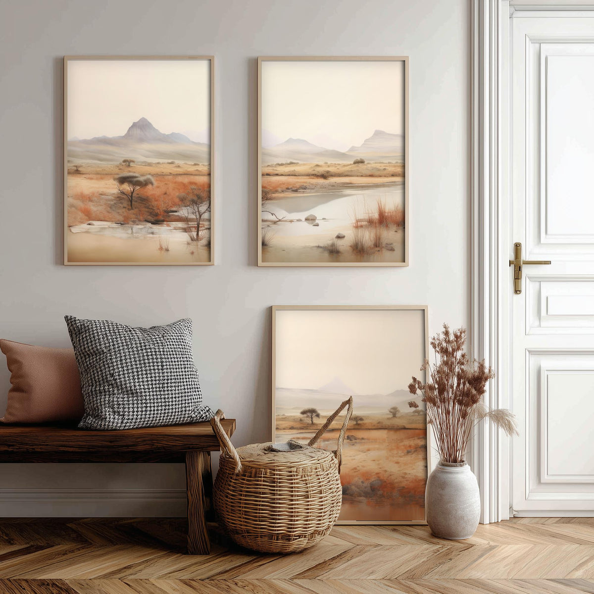 The Wet Outback Set of Three Art Prints - Panoramic River, Acacia Trees and Misty Ranges - Neutral Watercolour Landscape Poster