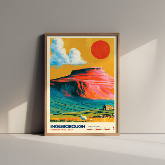 Ingleborough Yorkshire Dales Travel Poster - Mountain Art Print - Vibrant Illustration - Limestone Hill Fell Walk 1/3