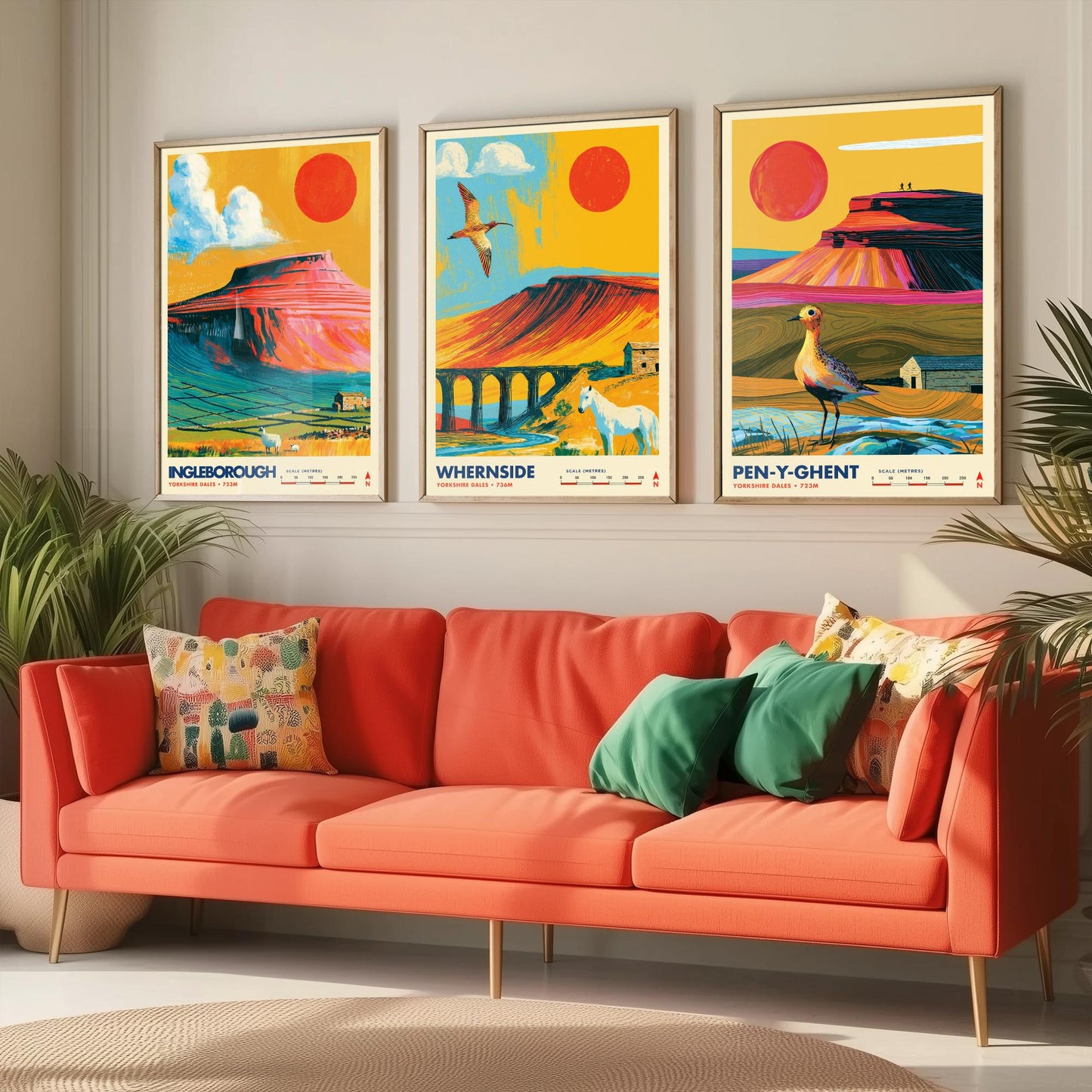 Yorkshire Three Peaks Set of Three Travel Posters - Ingleborough, Whernside, Pen-y-Ghent - Vibrant Art Print Illustration Gift